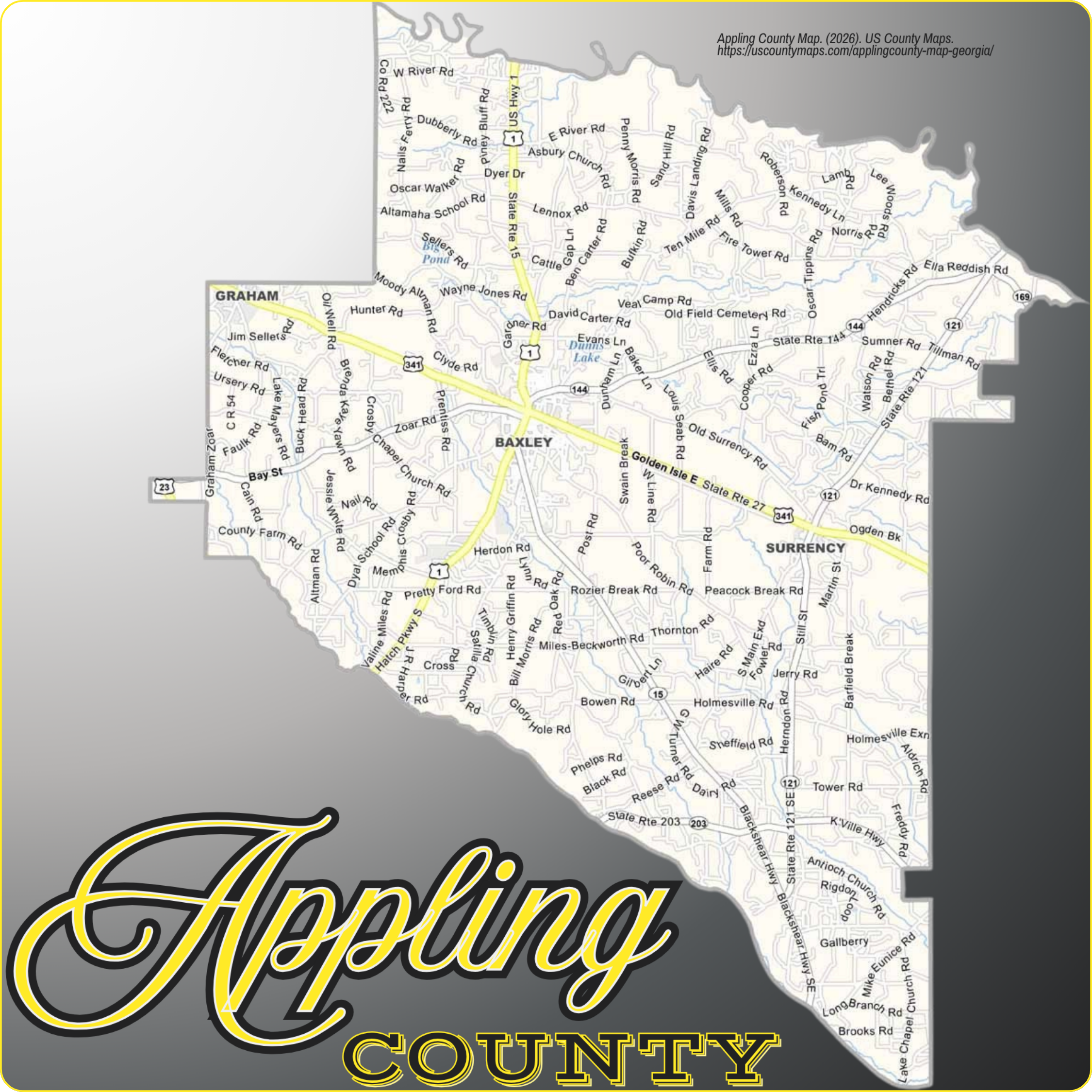 Map of Appling County, Georgia showing cities, communities, roads, and waterways
