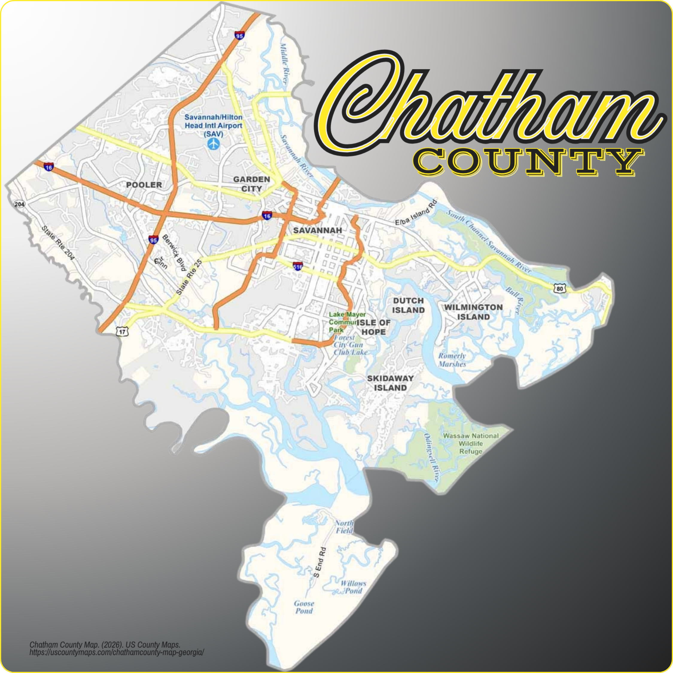 Map of Chatham County, Georgia showing cities, communities, roads, and waterways