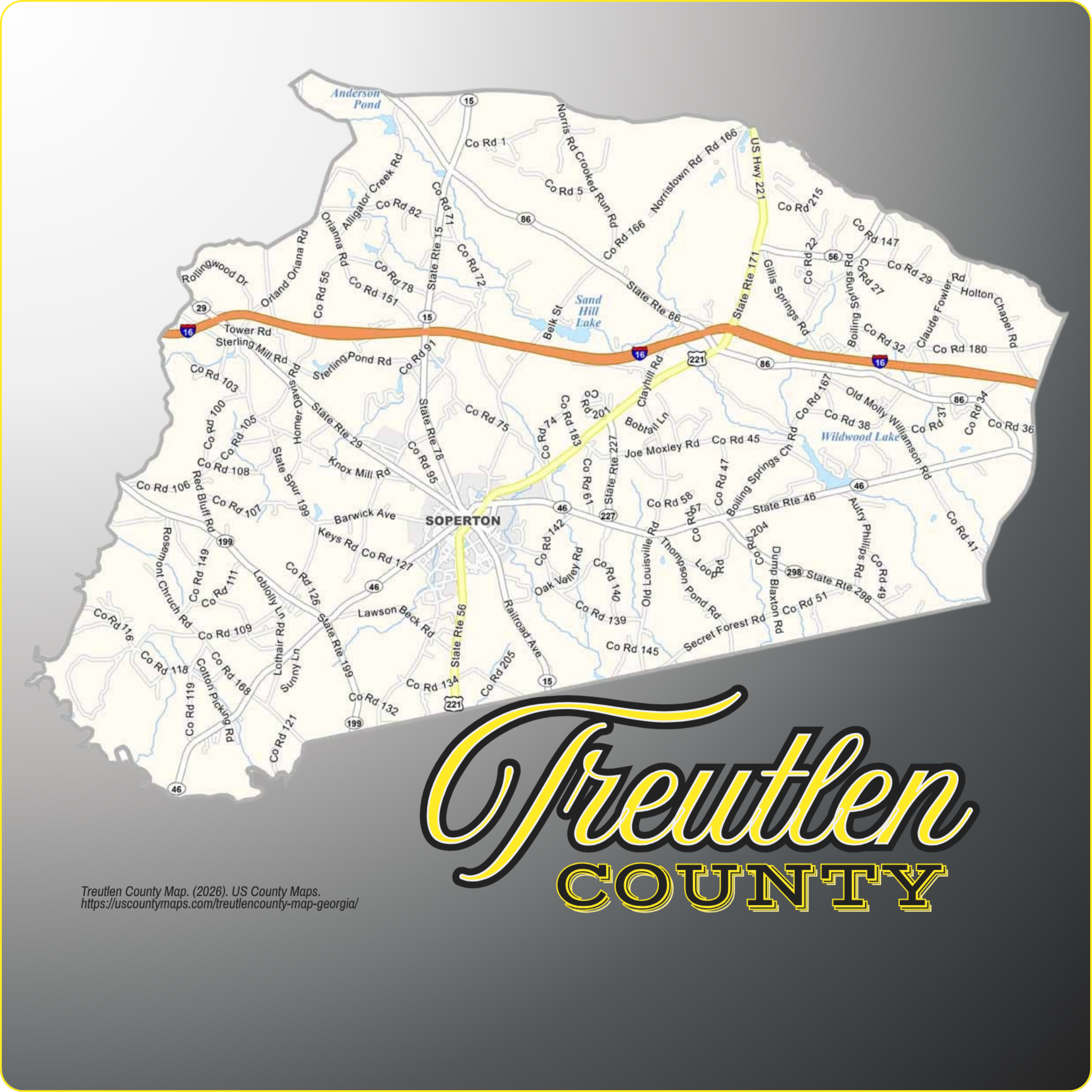 Map of Treutlen County, Georgia showing cities, communities, roads, and waterways