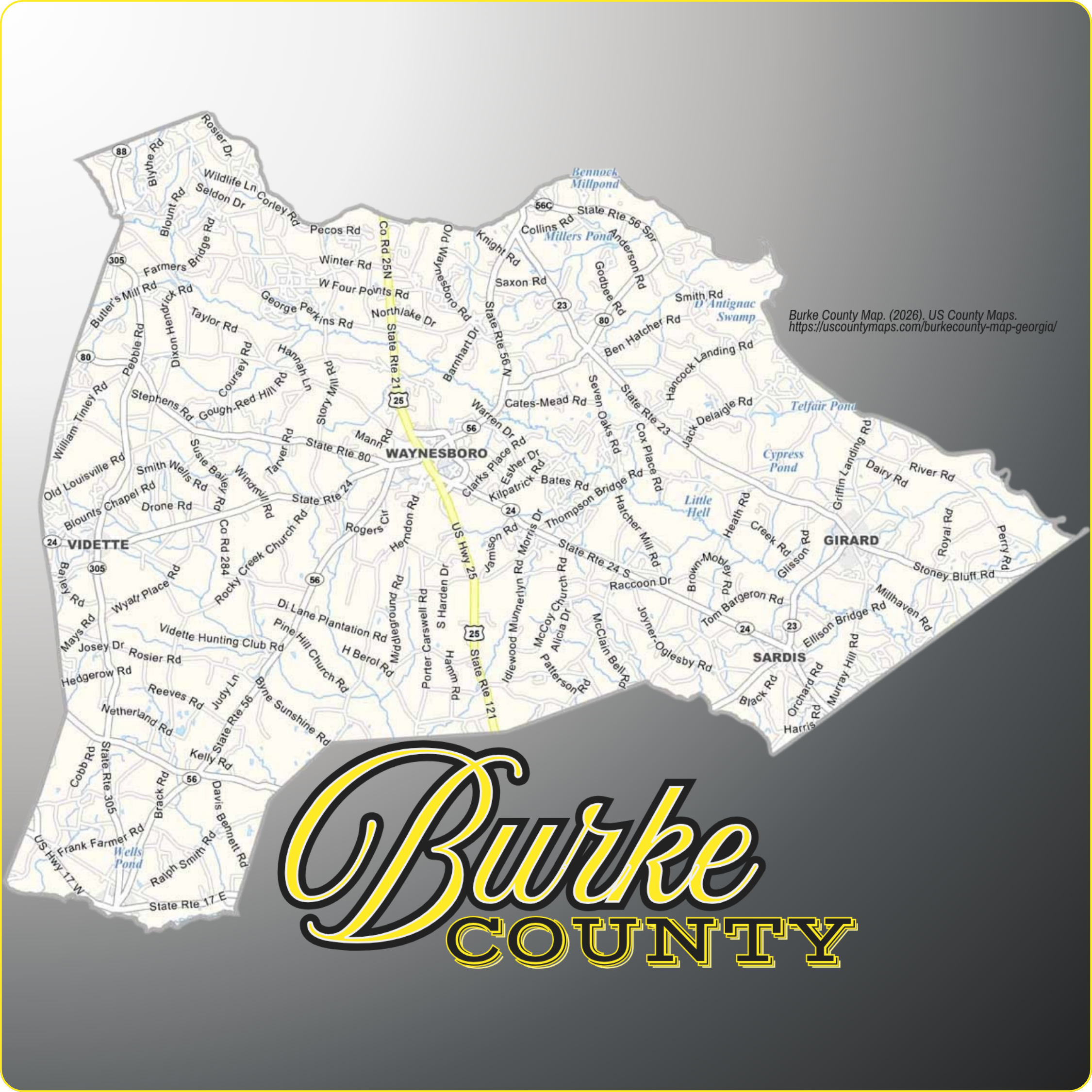 Map of Burke County, Georgia showing cities, communities, roads, and waterways