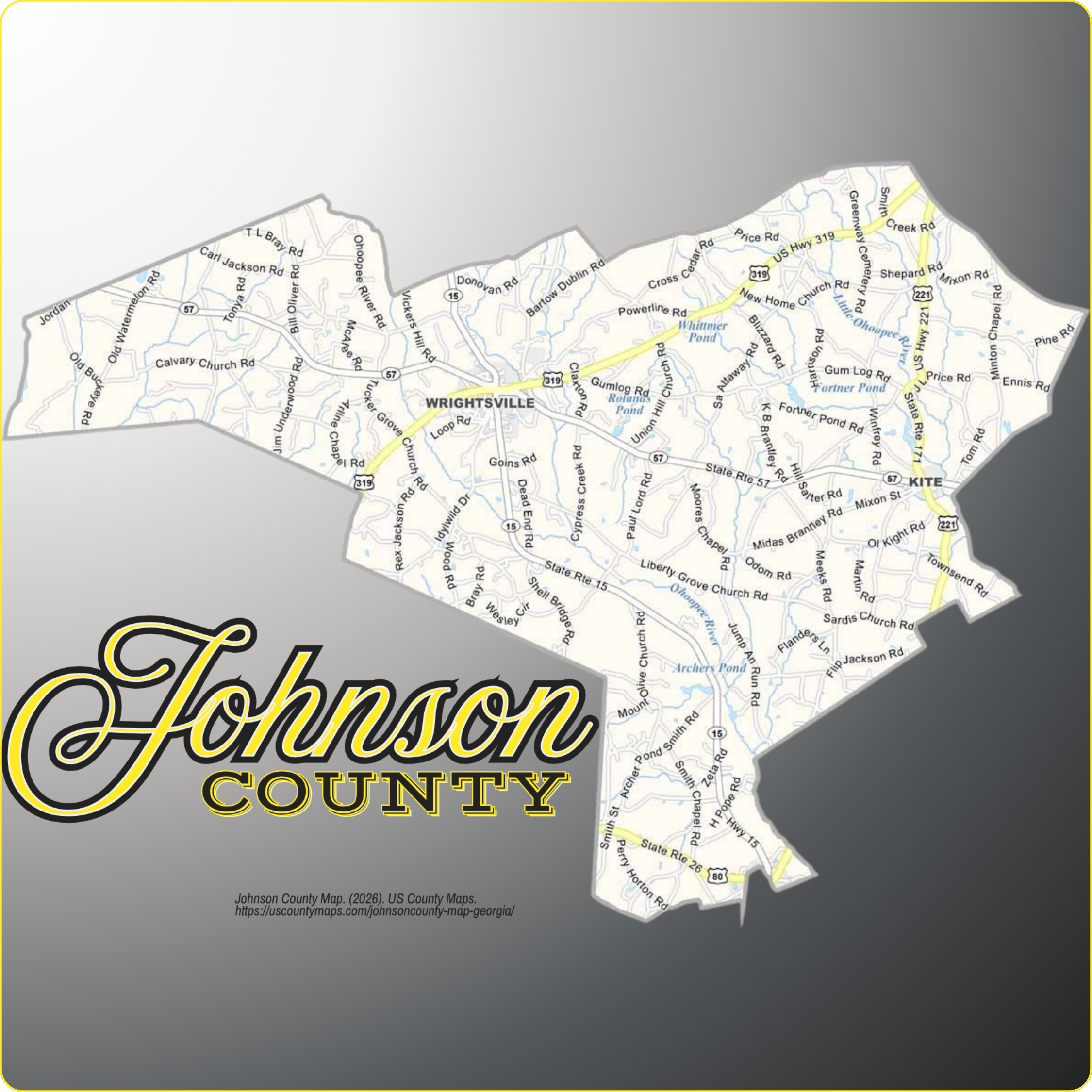 Map of Johnson County, Georgia showing cities, communities, roads, and waterways