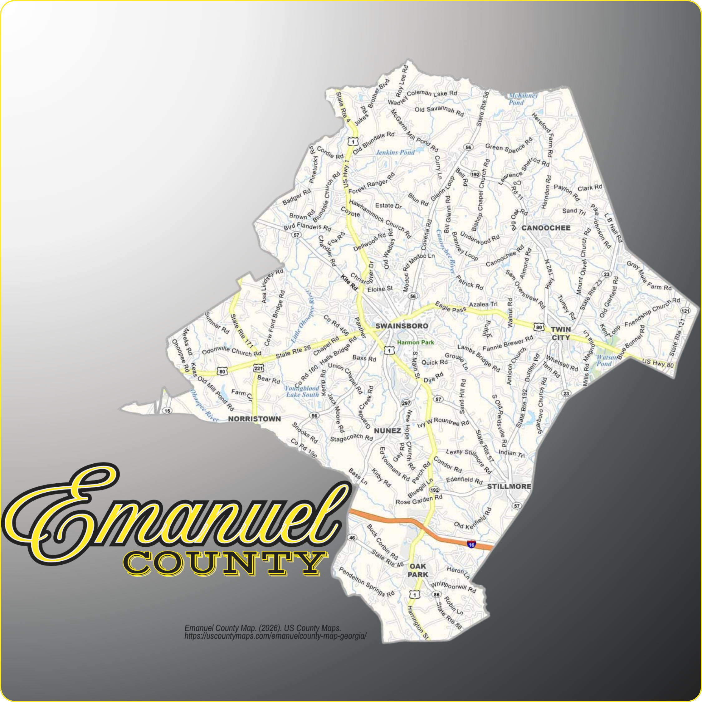Map of Emanuel County, Georgia showing cities, communities, roads, and waterways