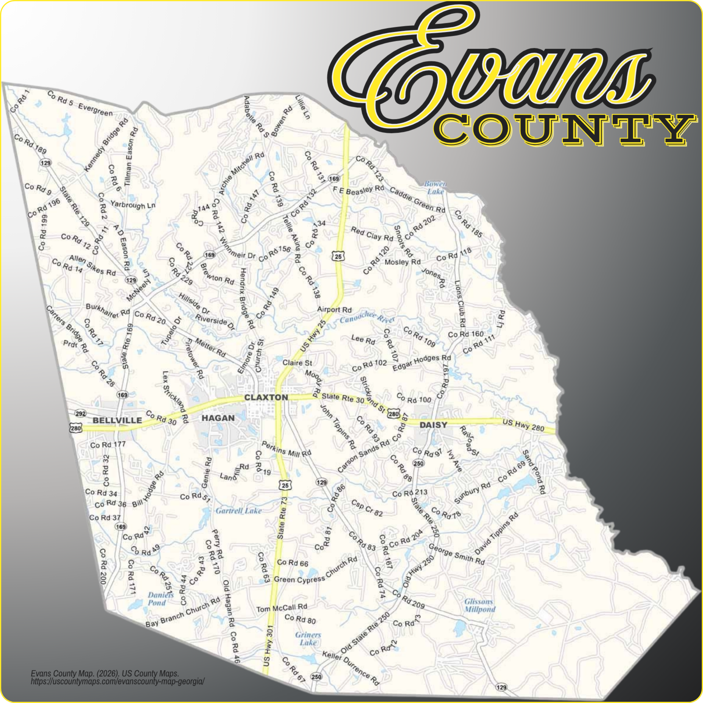 Map of Evans County, Georgia showing cities, communities, roads, and waterways