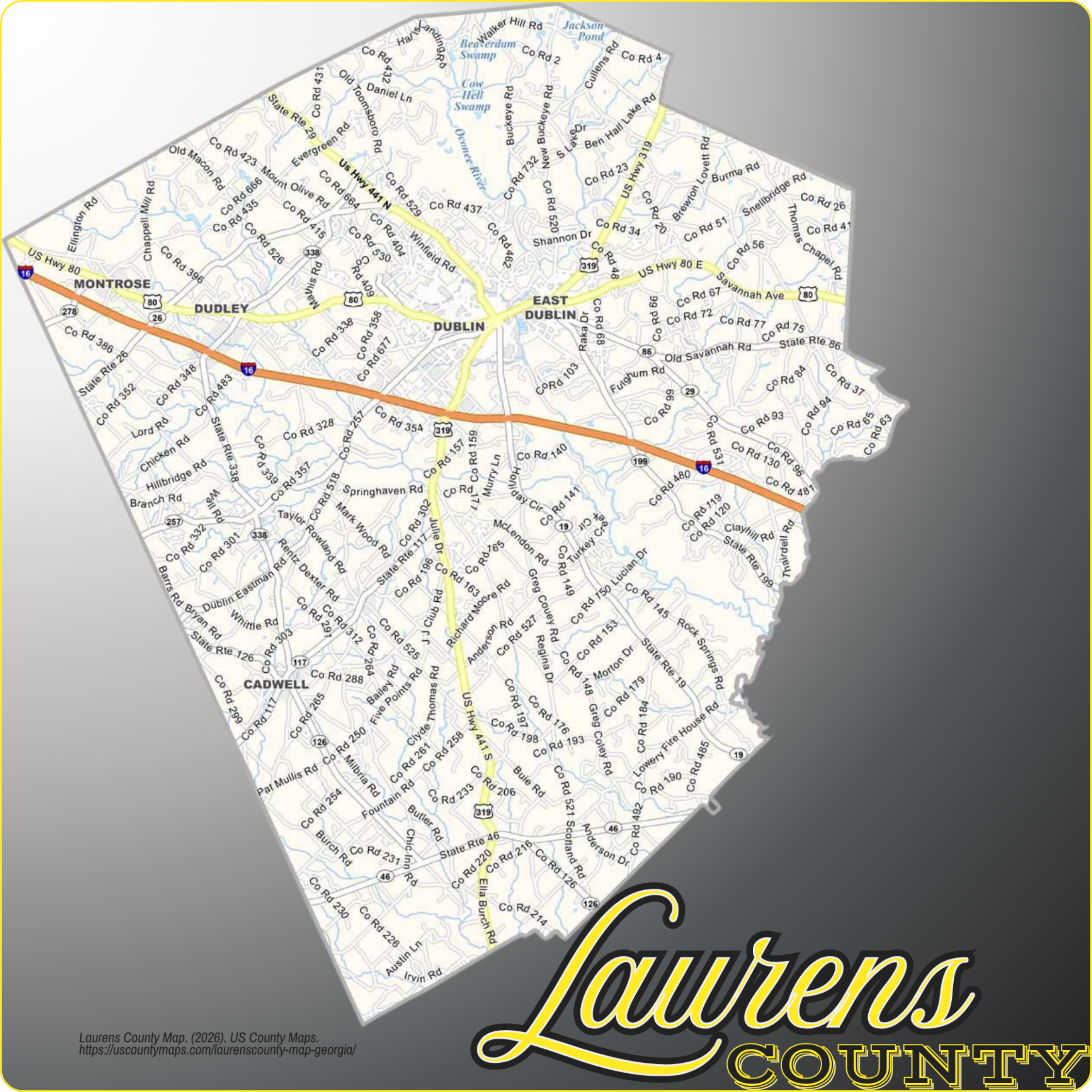 Map of Laurens County, Georgia showing cities, communities, roads, and waterways
