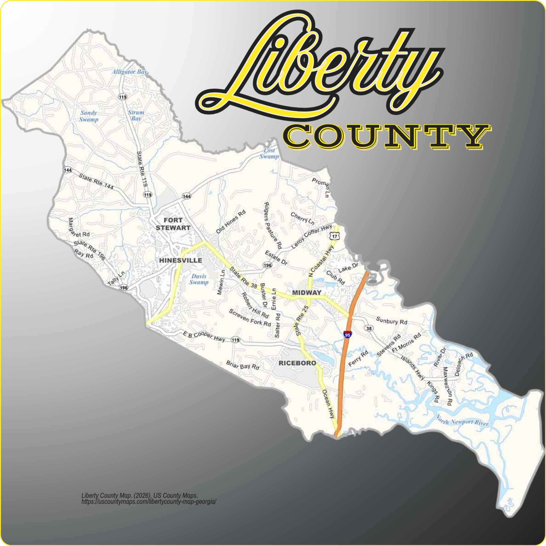 Map of Liberty County, Georgia showing cities, communities, roads, and waterways