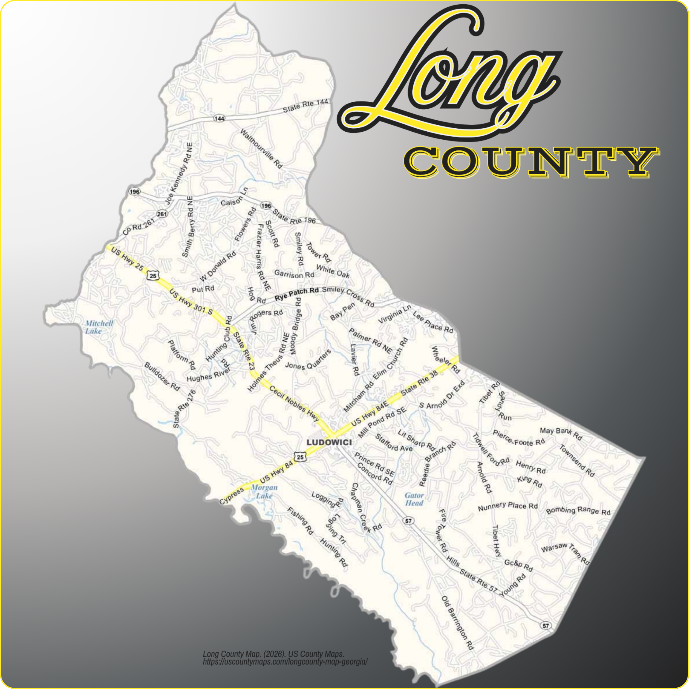 Map of Long County, Georgia showing cities, communities, roads, and waterways