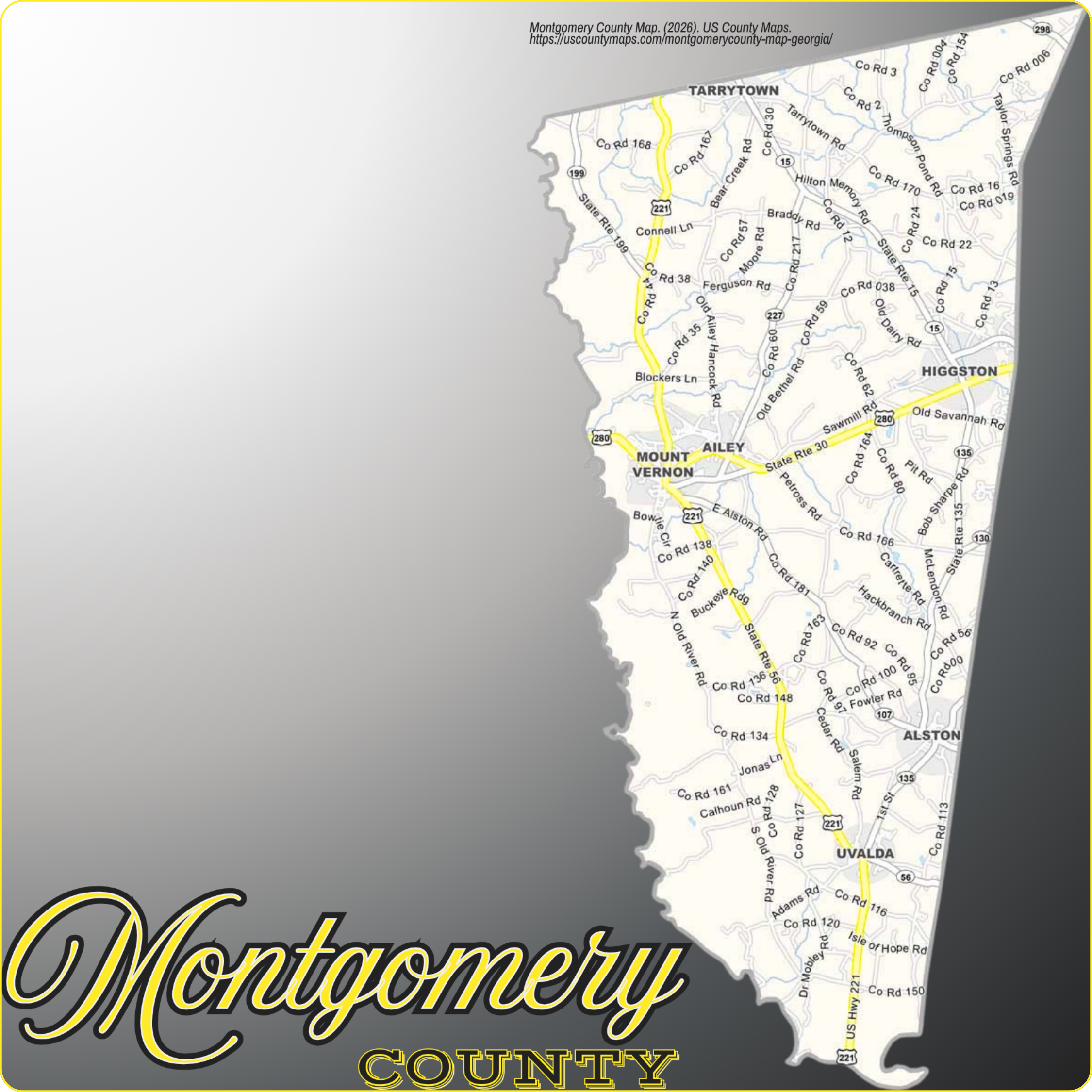Map of Montgomery County, Georgia showing cities, communities, roads, and waterways