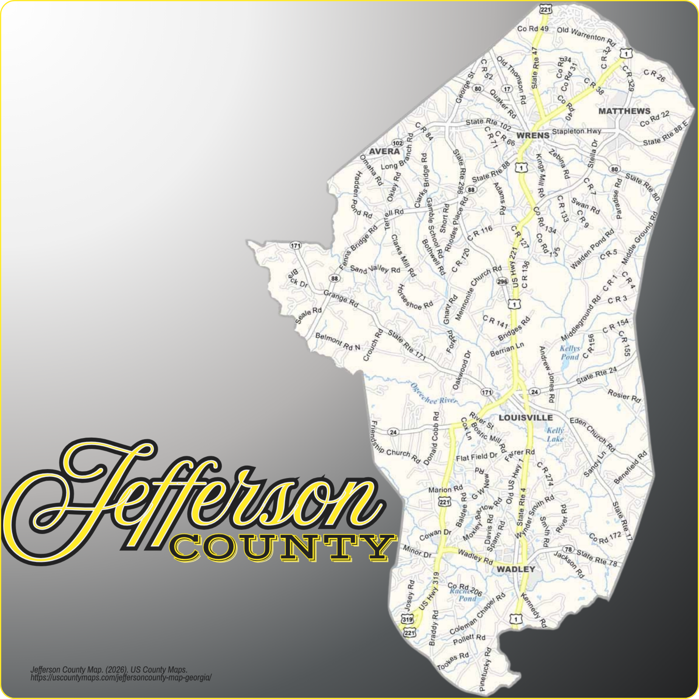 Map of Jefferson County, Georgia showing cities, communities, roads, and waterways