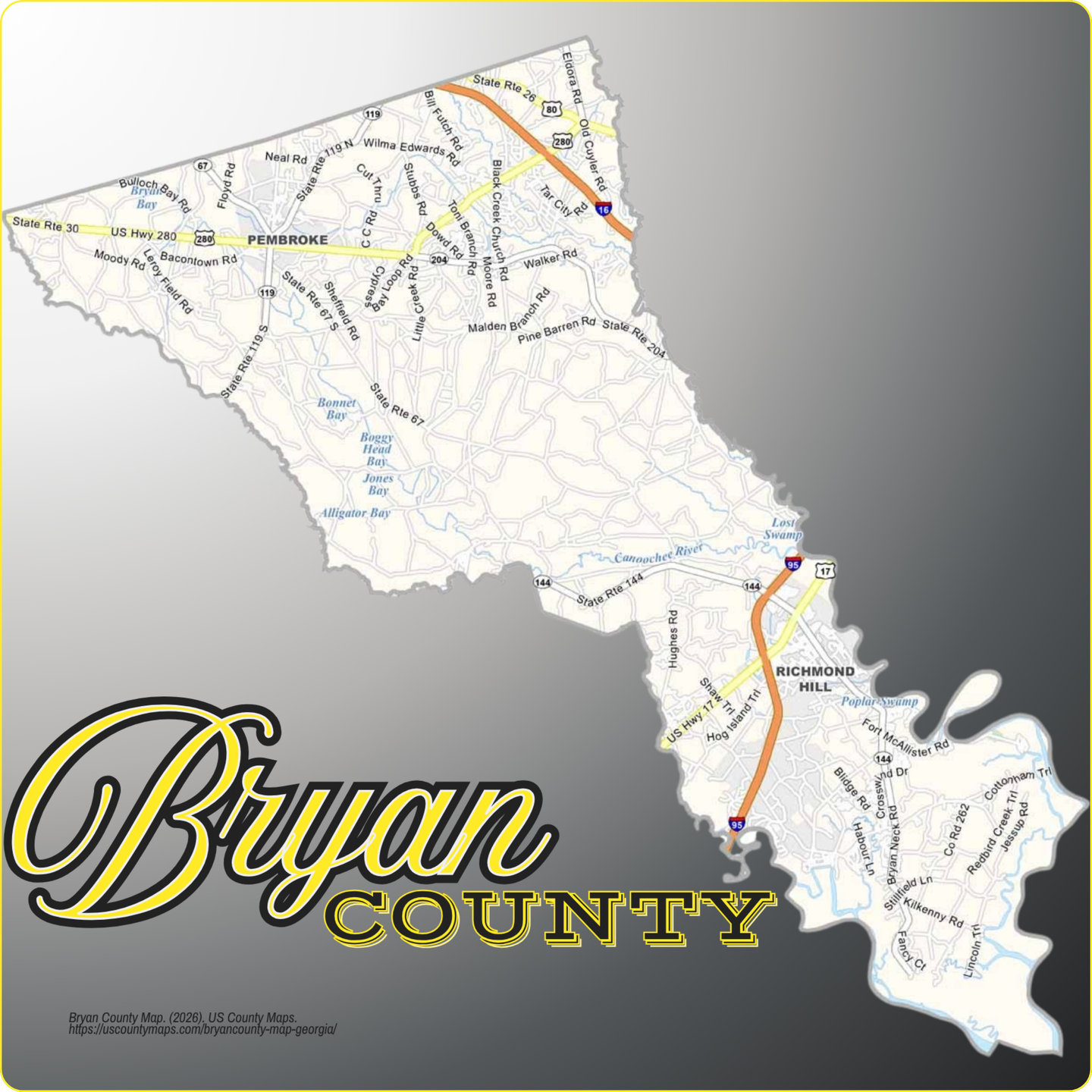 Map of Bryan County, Georgia, showing its towns