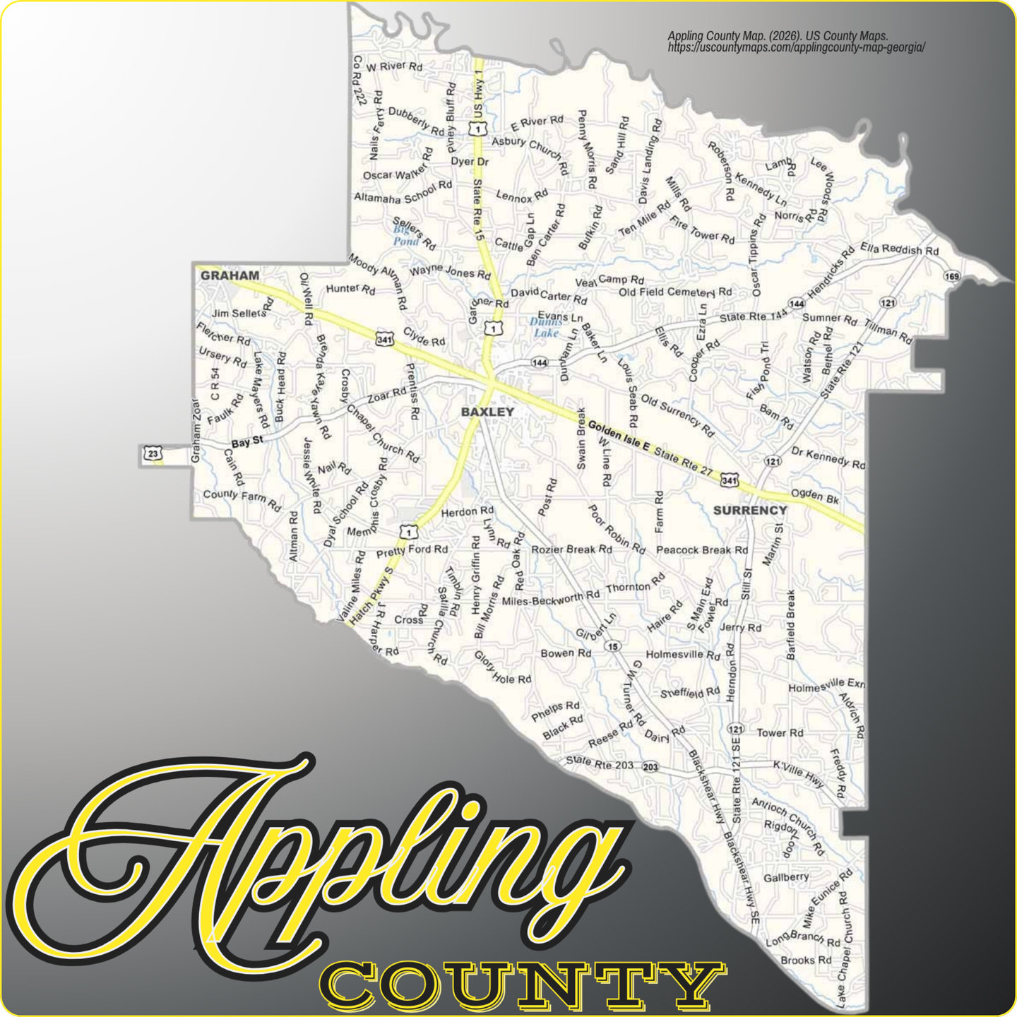 Map of Appling County, Georgia, showing its towns