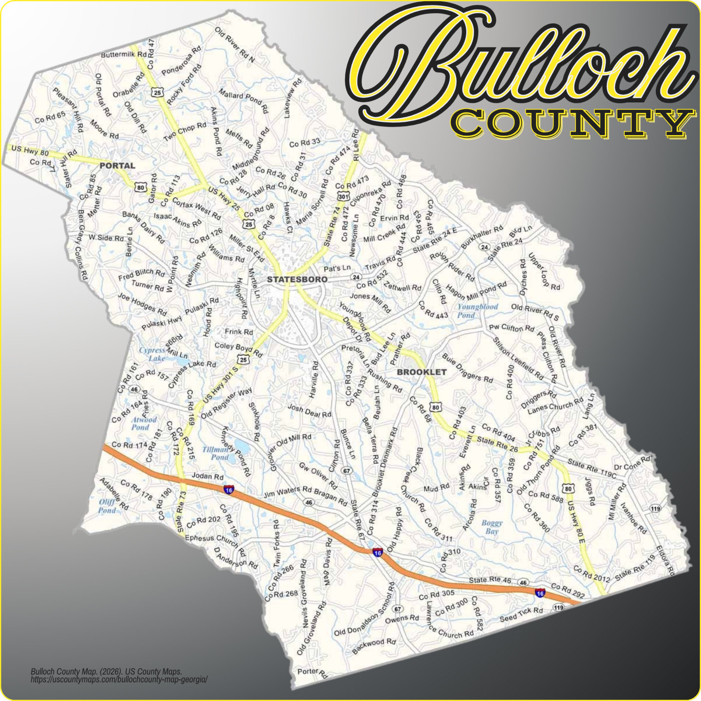 Map of Bulloch County, Georgia showing cities, communities, roads, and waterways