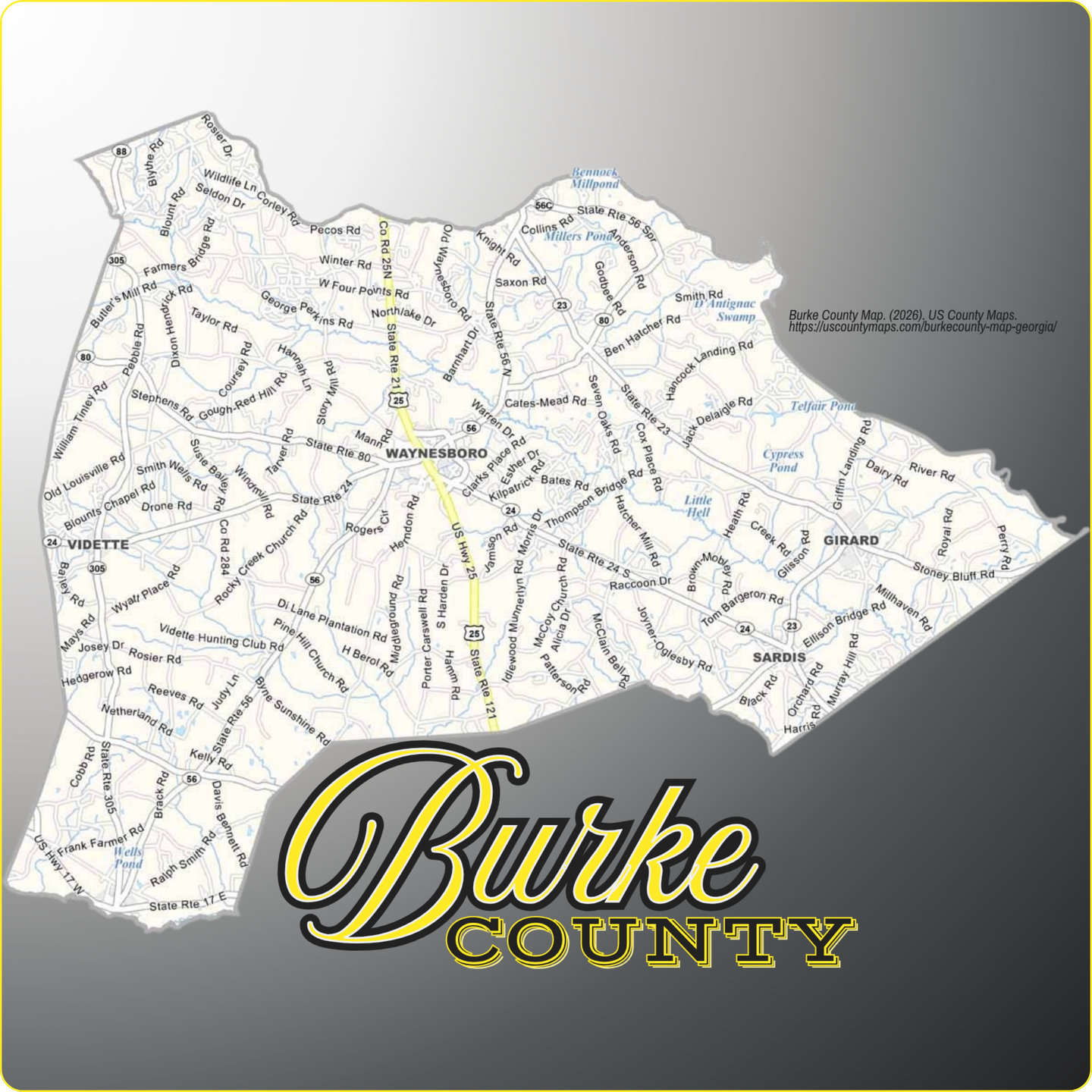 Map of Burke County, Georgia, showing its towns