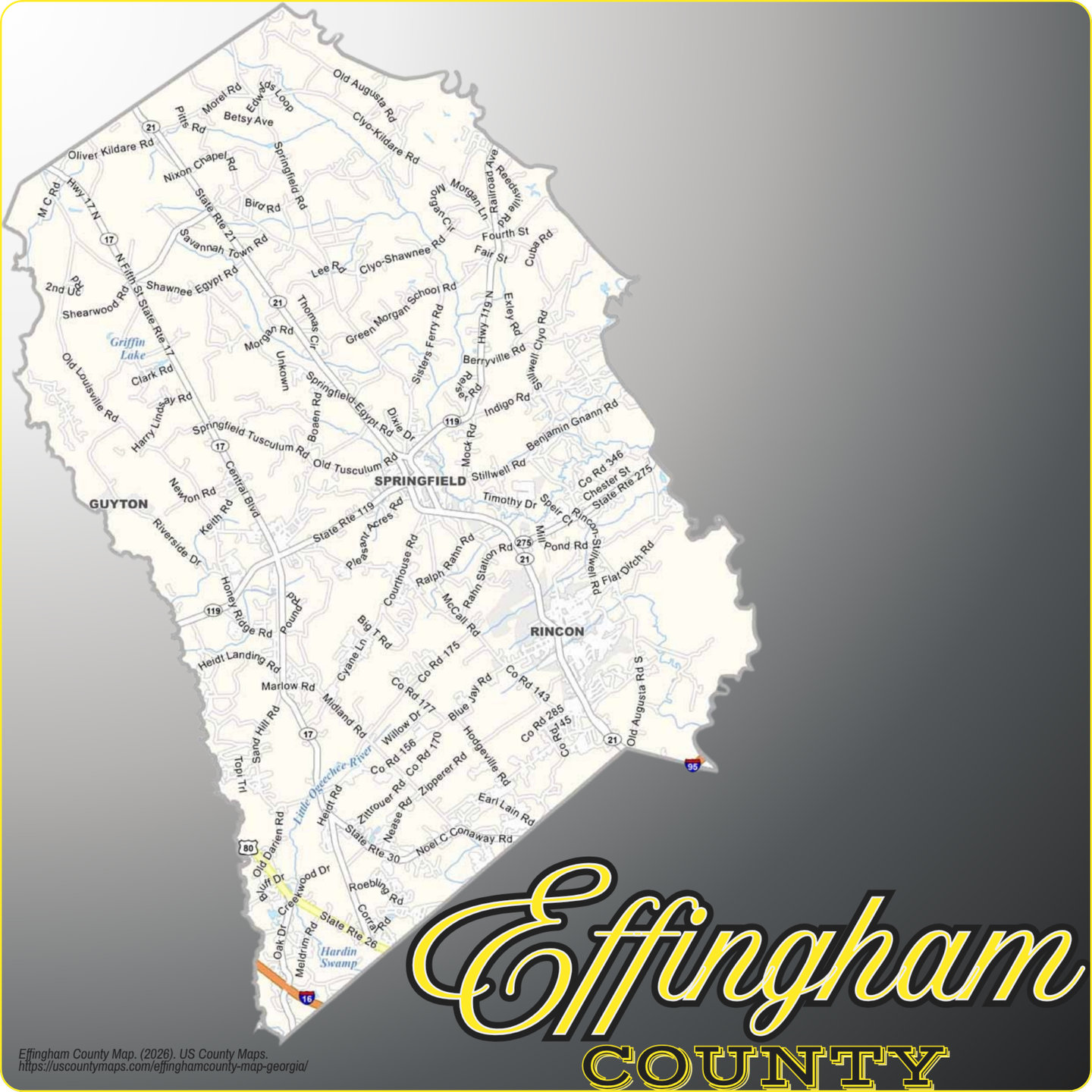 Map of Effingham County, Georgia, showing its towns