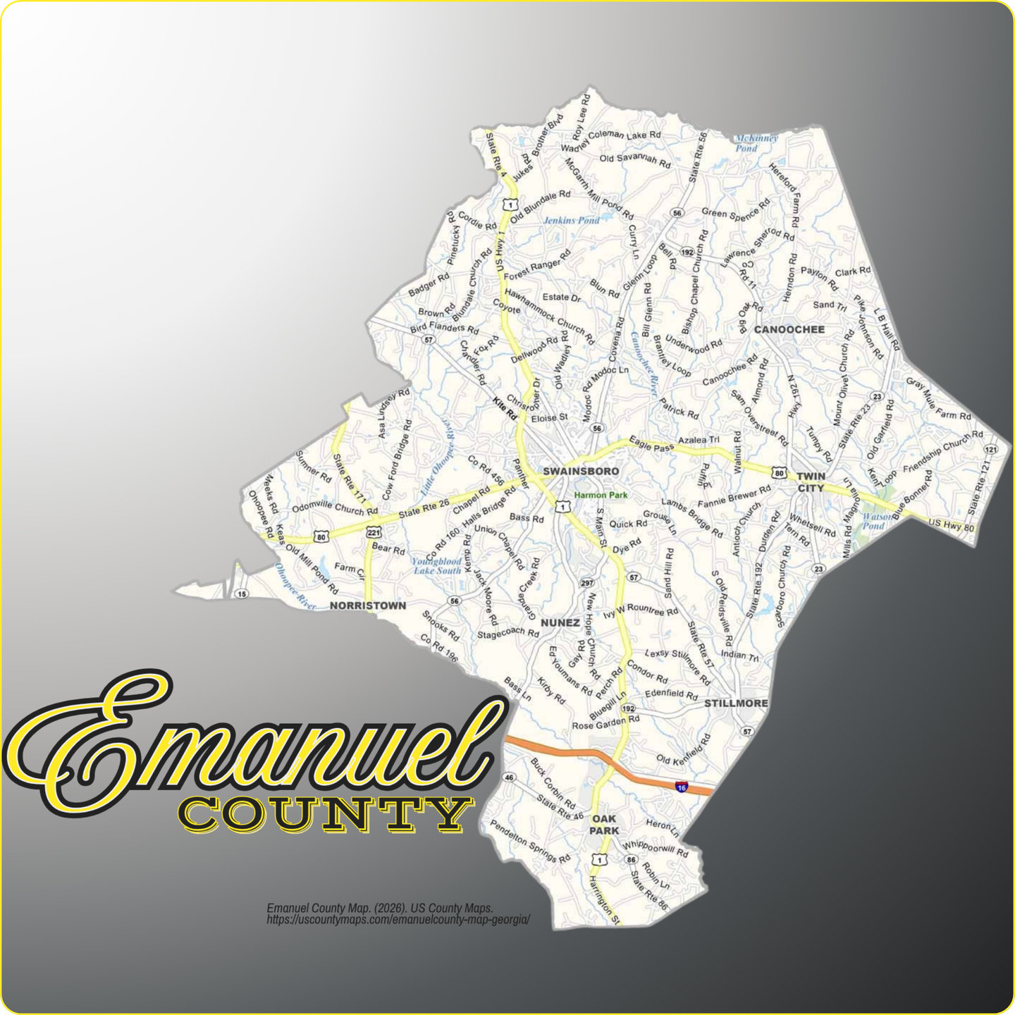 Map of Emanuel County, Georgia, showing its towns