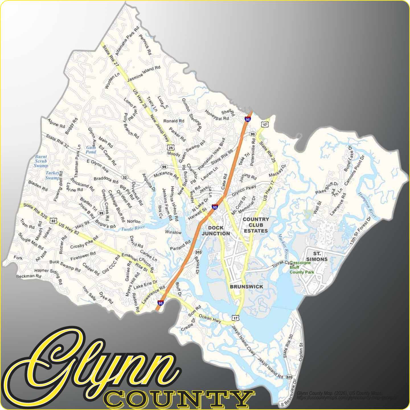 Map of Glynn County, Georgia, showing its towns