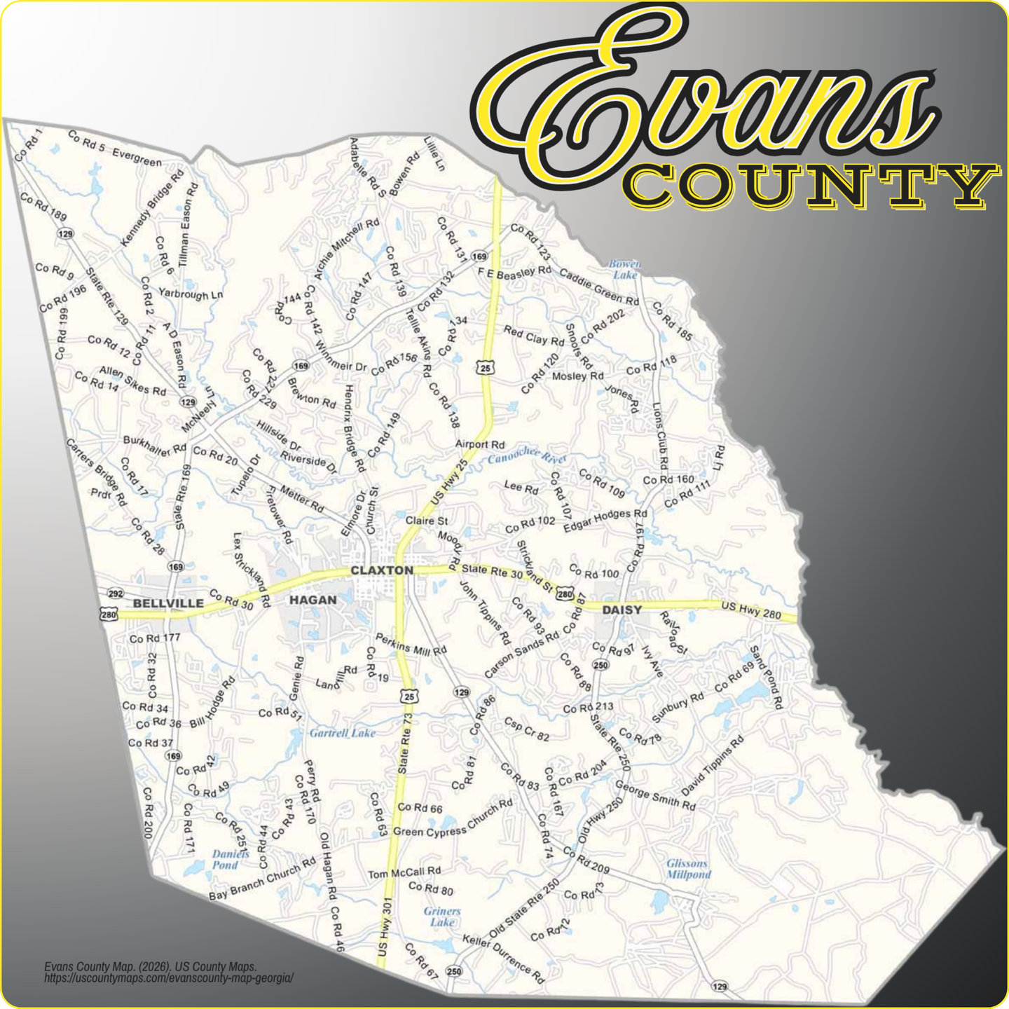 Map of Evans County, Georgia, showing its towns