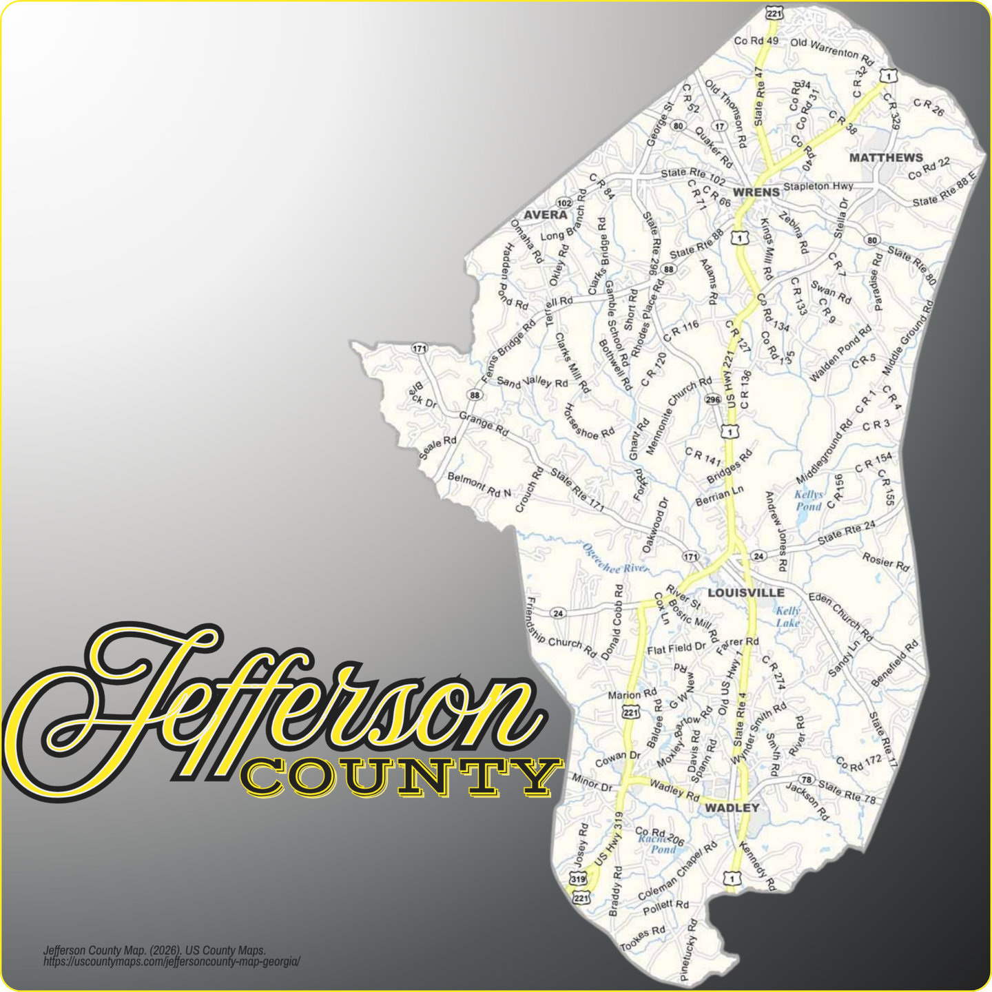 Map of Jefferson County, Georgia, showing its towns