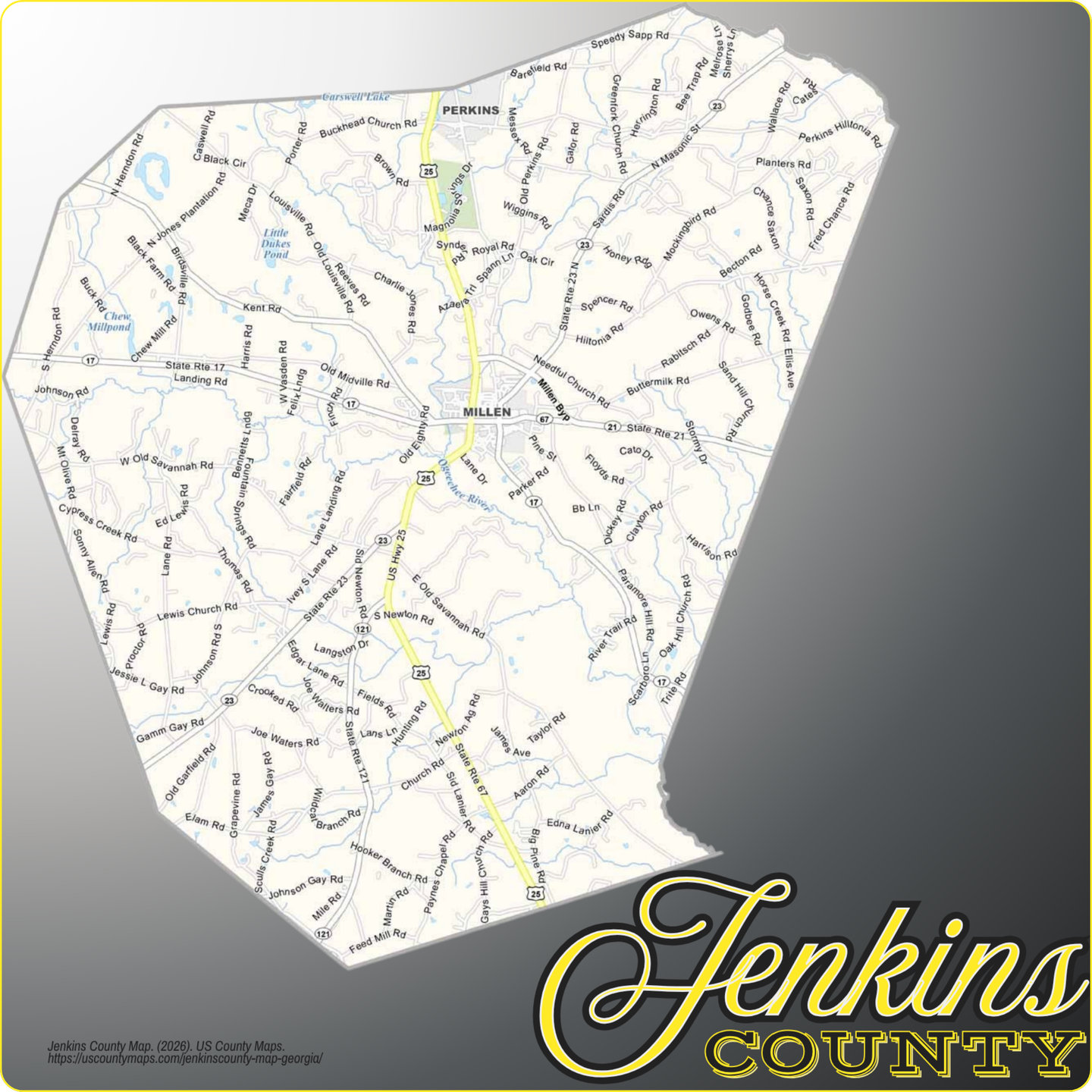 Map of Jenkins County, Georgia, showing its towns
