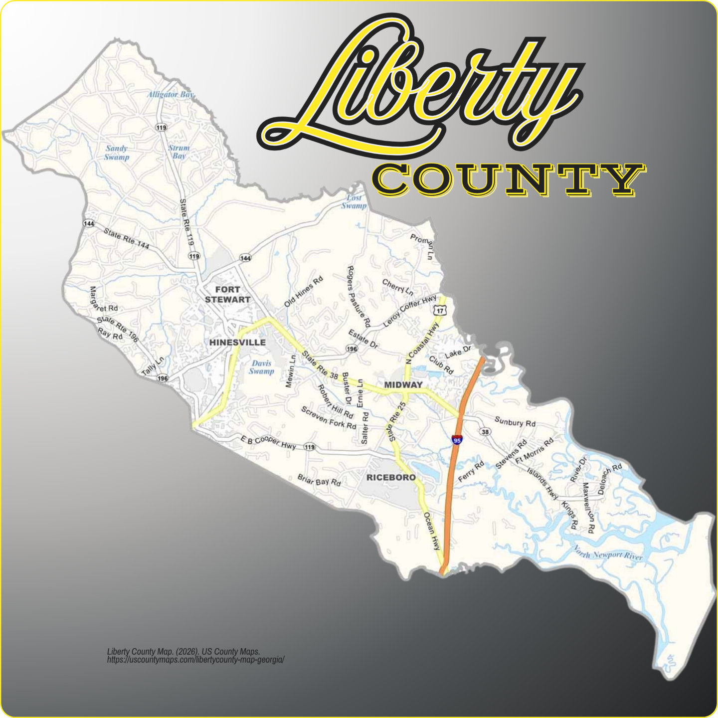 Map of Liberty County, Georgia, showing its towns