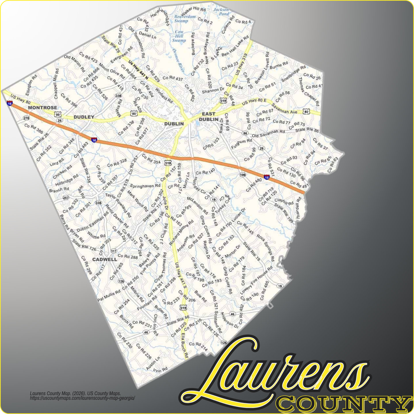 Map of Laurens County, Georgia, showing its towns
