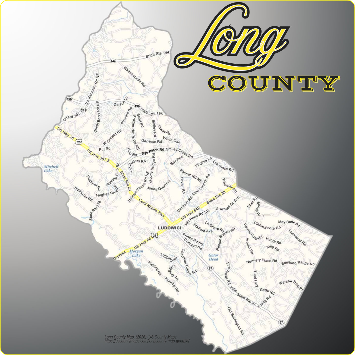 Map of Long County, Georgia, showing its towns