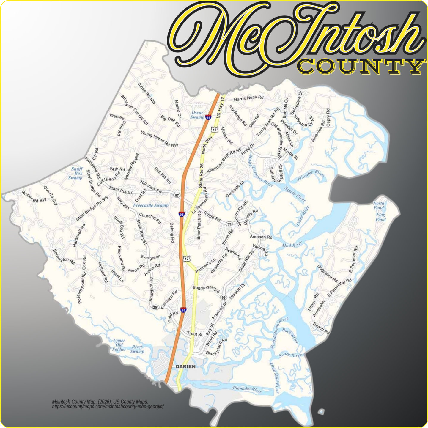 Map of McIntosh County, Georgia showing cities, communities, roads, and waterways
