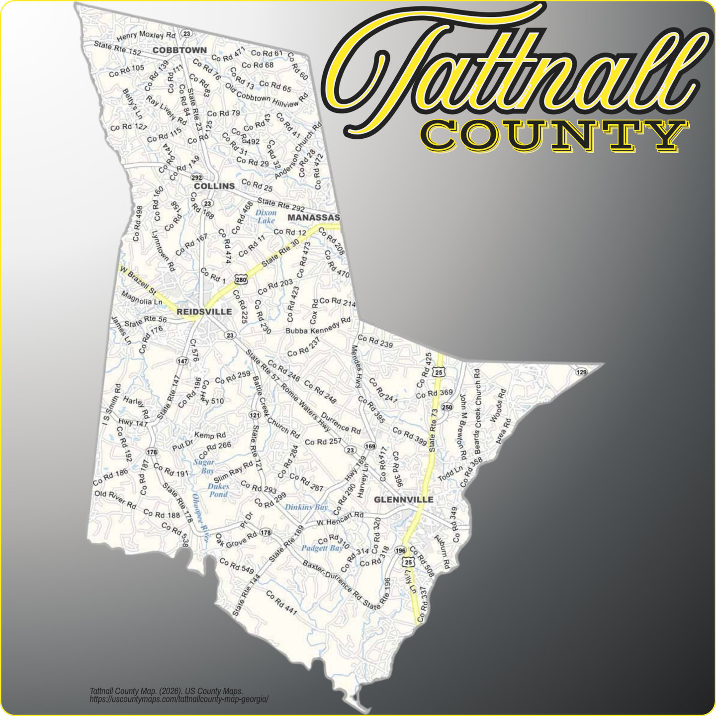 Map of Tattnall County, Georgia, showing its towns