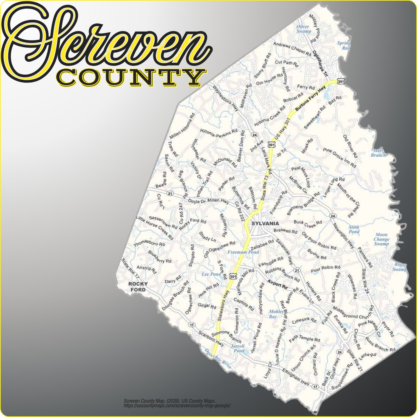Map of Screven County, Georgia, showing its towns