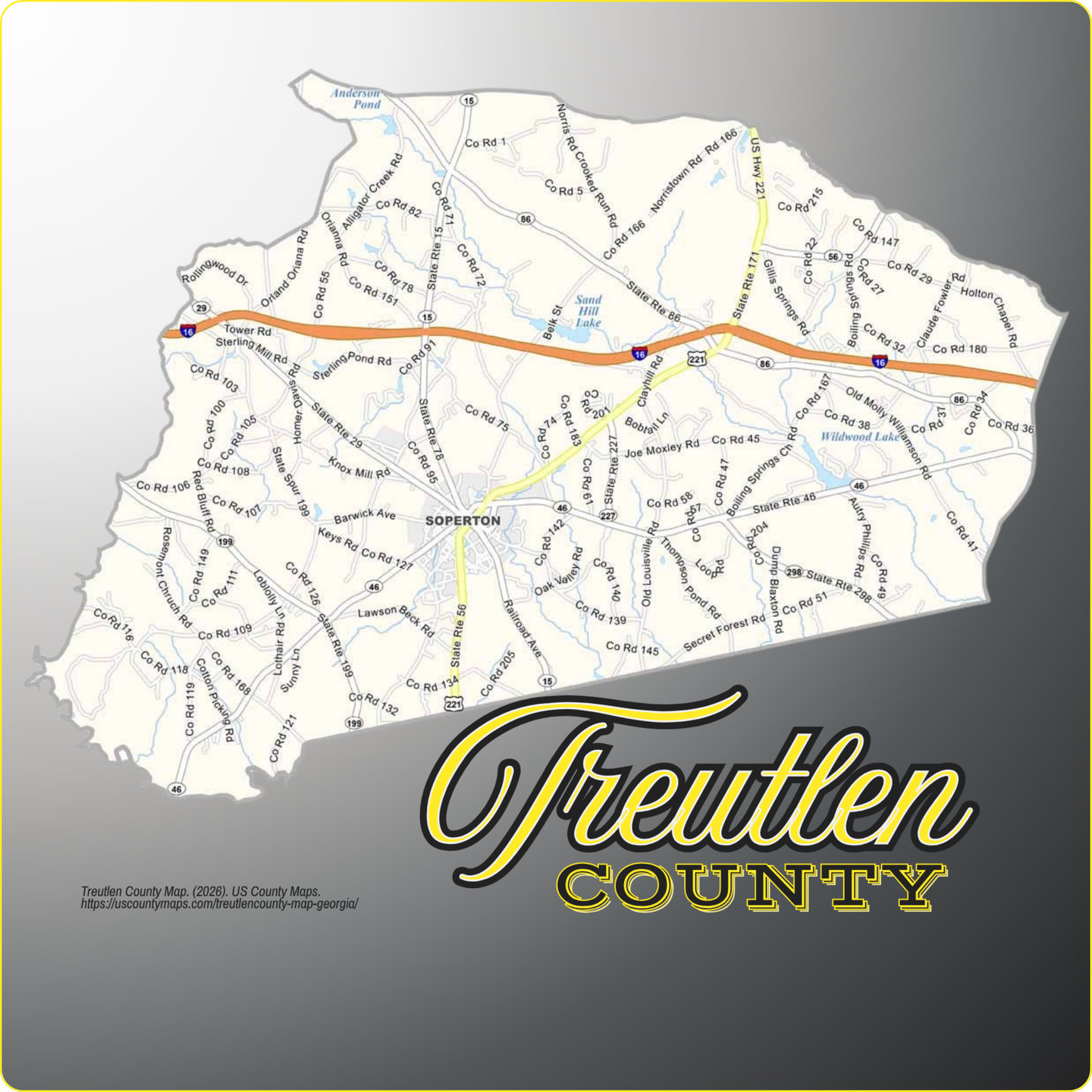 Map of Treutlen County, Georgia, showing its towns