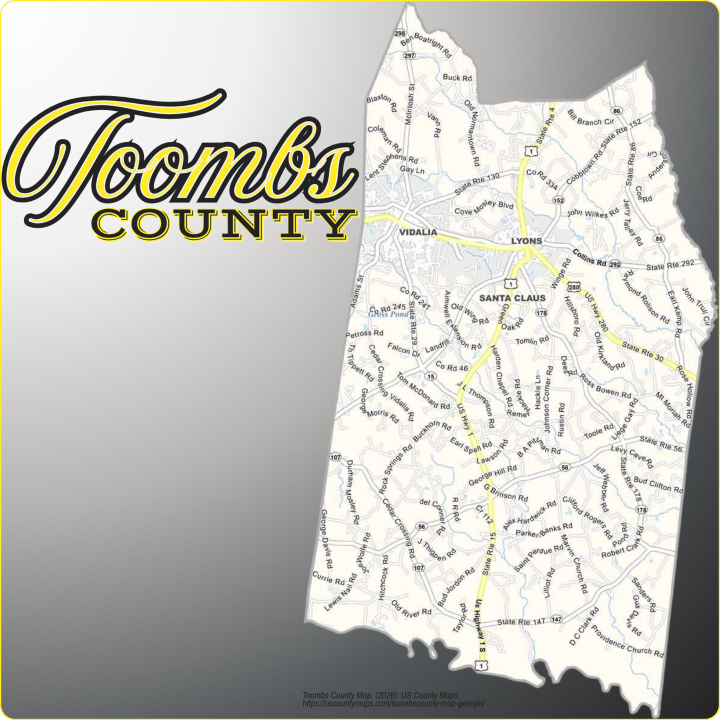 Map of Toombs County, Georgia, showing its towns