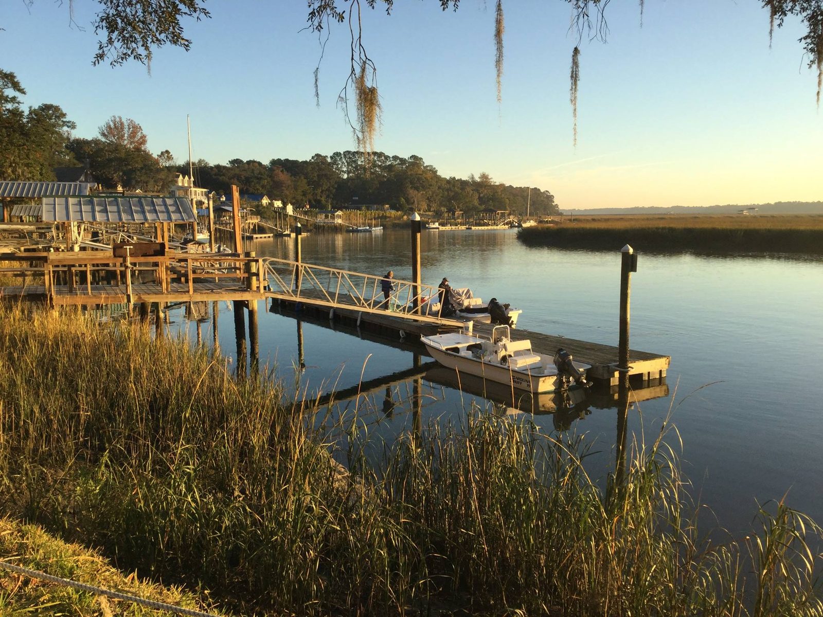 Docks along a tidal river and salt marsh at Shellman Fish Camp near Townsend, Georgia