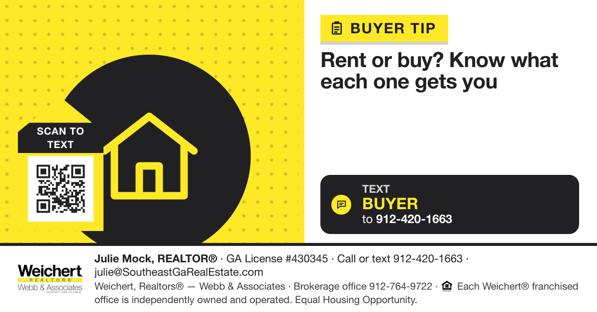 Renting vs Buying a Home in Southeast Georgia. Text BUYER to 912-420-1663.