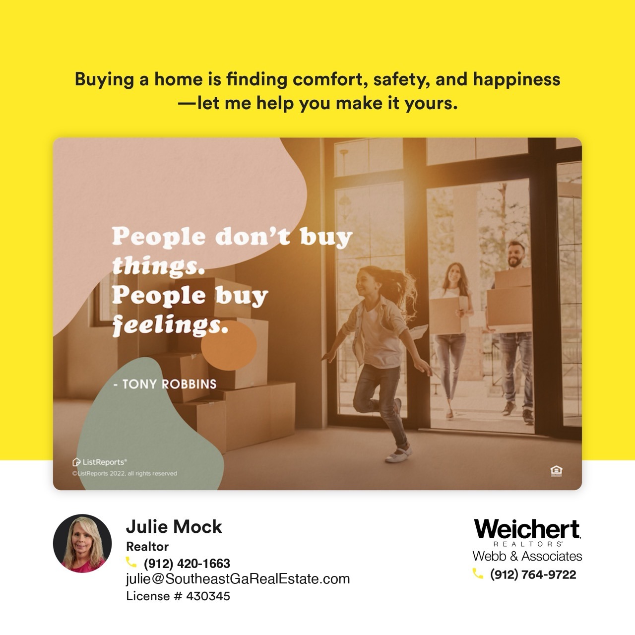 Image of a family moving into their new home, symbolizing comfort, safety, and happiness. Julie Mock, a Realtor in Southeast Georgia with Weichert Realtors – Webb & Associates, provides expert real estate services for buyers and sellers in areas like Statesboro, Tattnall County, and Bryan County.