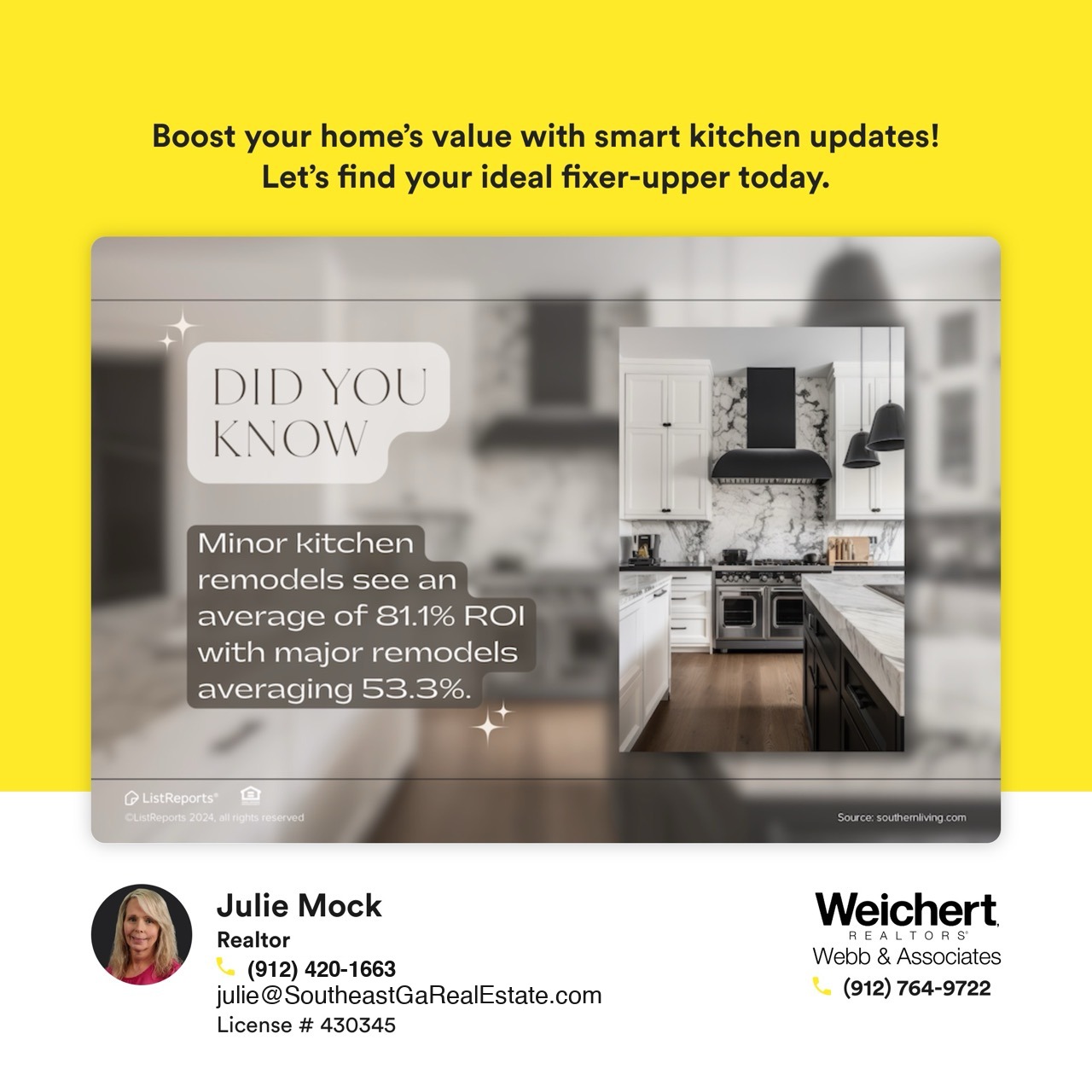 Infographic showing that minor kitchen remodels yield an average 81.1% ROI, while major remodels average 53.3%. Featuring a modern kitchen with white cabinets, marble backsplash, and black appliances.