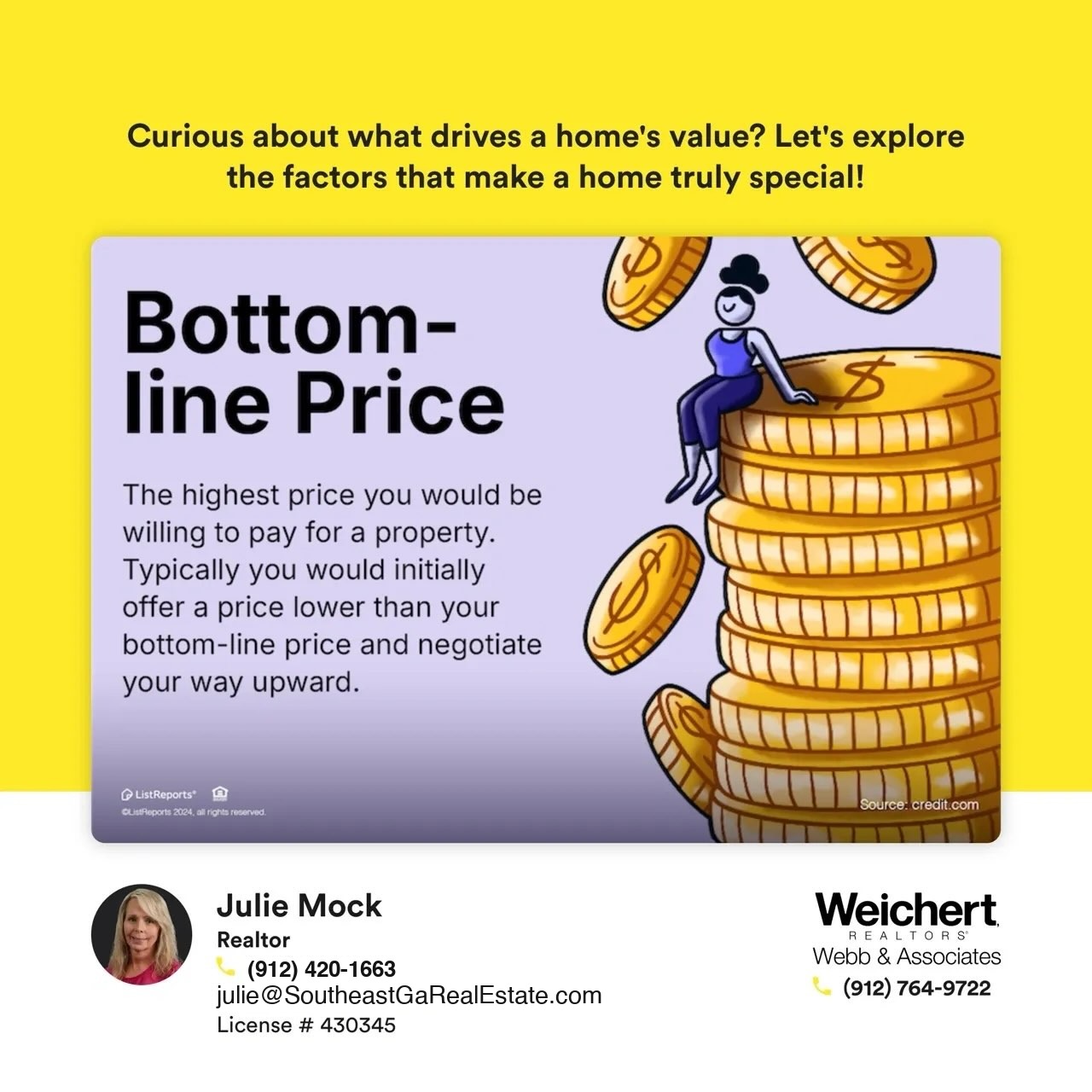 This image features a bright yellow background with a graphic in the center titled “Bottom-line Price.” The graphic depicts a person sitting atop a stack of oversized gold coins, with additional coins falling around them. The text explains that the bottom-line price is the highest amount a buyer is willing to pay for a property, and suggests starting negotiations with a lower offer. At the bottom, Julie Mock’s contact information and Weichert Realtors branding are displayed. The image encourages homebuyers to explore factors that influence a home’s value.