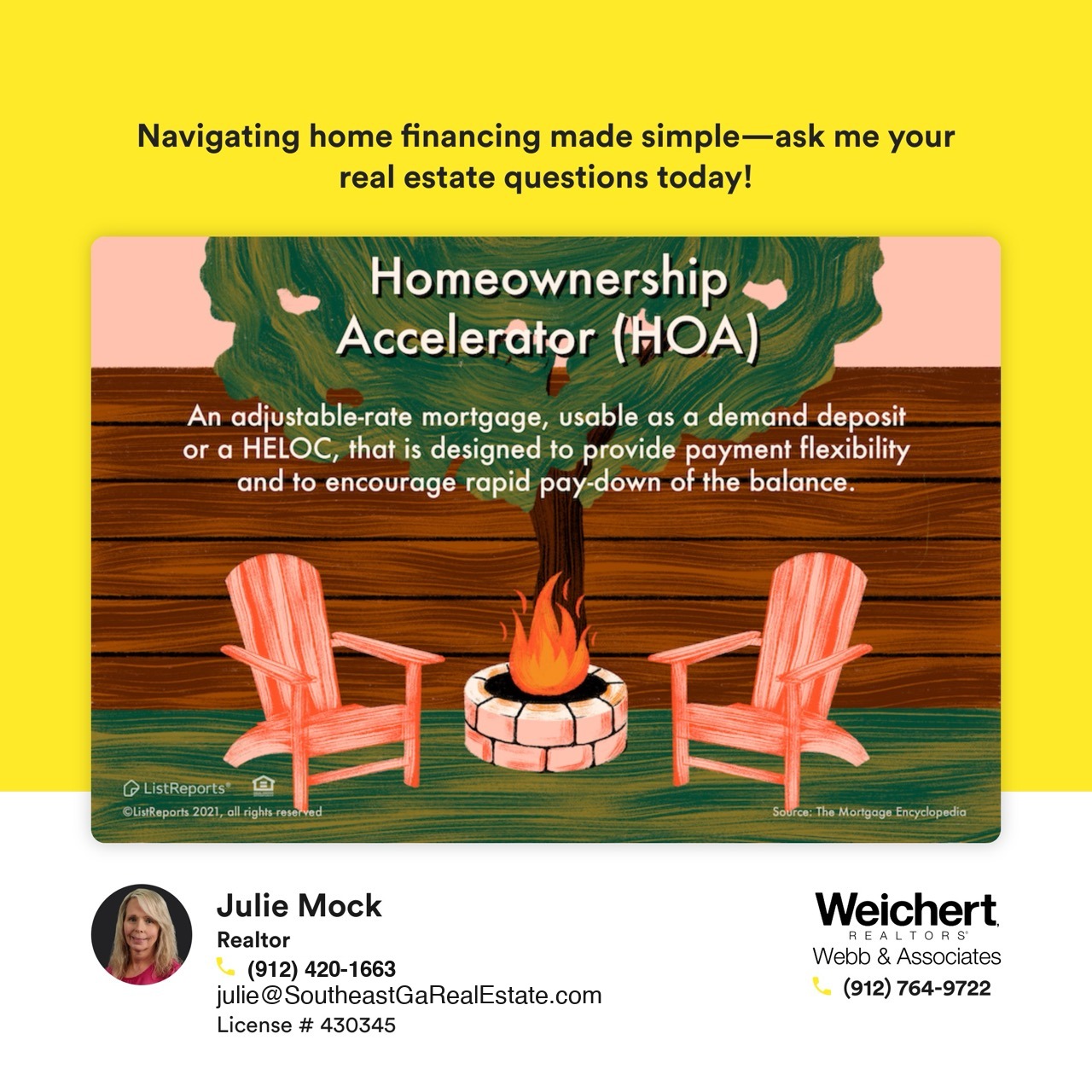 Illustration of two Adirondack chairs around a firepit with text explaining Homeownership Accelerator (HOA), a flexible adjustable-rate mortgage designed for faster loan repayment, perfect for buyers in Southeast Georgia.