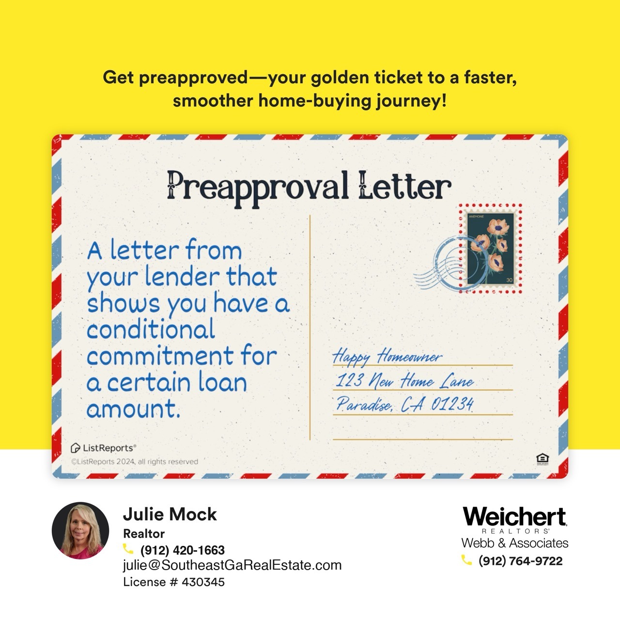 A graphic explaining the importance of a preapproval letter for homebuyers, featuring a postcard design with text defining a preapproval letter as a lender’s conditional loan commitment. Includes Julie Mock’s contact information as a Realtor with Weichert Realtors – Webb & Associates in Statesboro, Georgia.