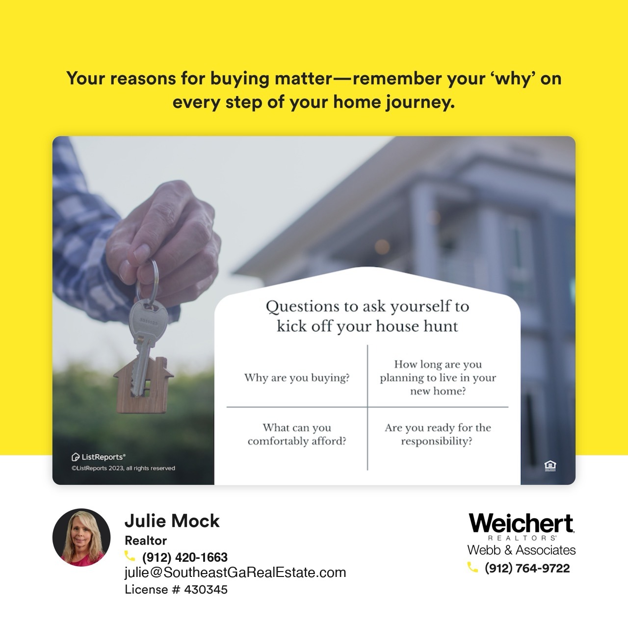 A close-up of a person holding a house-shaped keychain, with questions to consider when starting the homebuying journey: Why are you buying? How long are you planning to live in your new home? What can you comfortably afford? Are you ready for the responsibility?