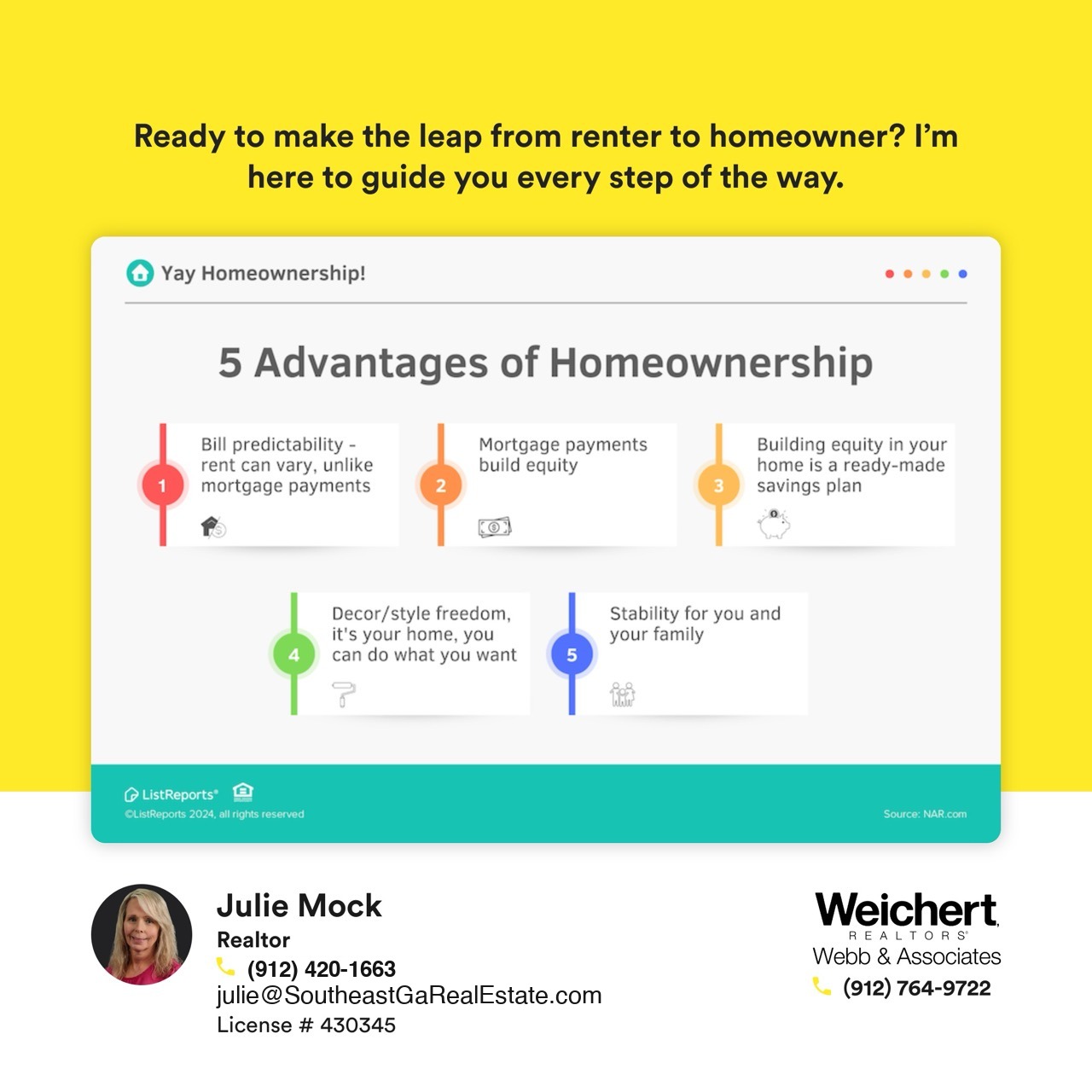 Infographic titled &lsquo;5 Advantages of Homeownership&rsquo; showing benefits of buying a home, including bill predictability, equity building, a built-in savings plan, personal style freedom, and stability for family. Realtor Julie Mock offers guidance for renters in Southeast Georgia ready to become homeowners.