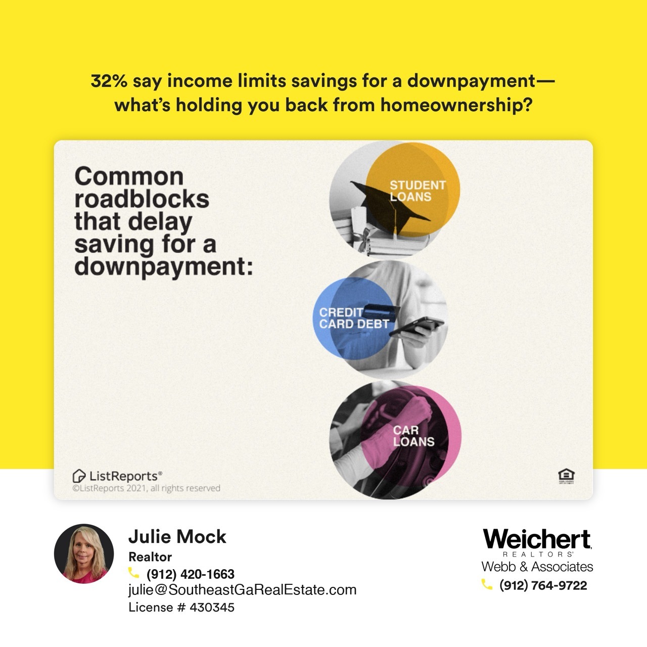 Infographic highlighting common roadblocks to saving for a down payment in Southeast Georgia, including student loans, credit card debt, and car loans, with text emphasizing that 32% of non-homeowners cite limited income as a primary barrier.