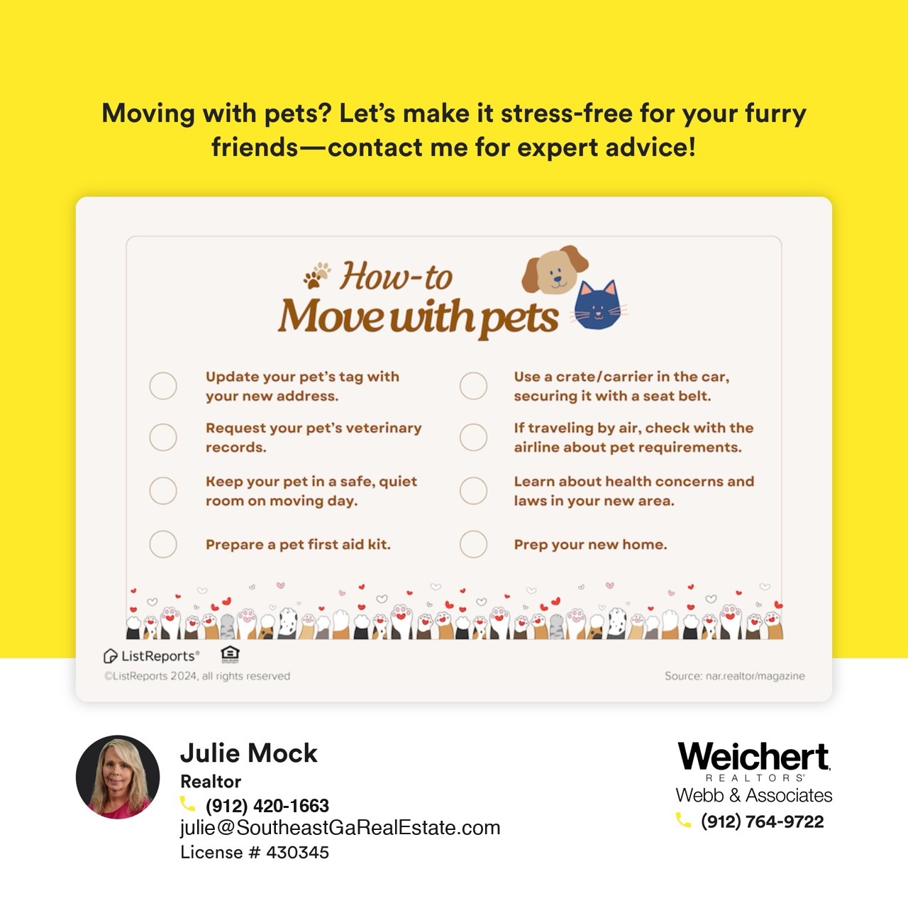 Illustration of a &lsquo;How-to Move with Pets&rsquo; checklist featuring tips for pet owners on moving day, including updating pet tags, securing vet records, preparing a first aid kit, and ensuring a safe, comfortable environment for pets during the move. Contact information for Realtor Julie Mock at Weichert Realtors &ndash; Webb & Associates is displayed below.