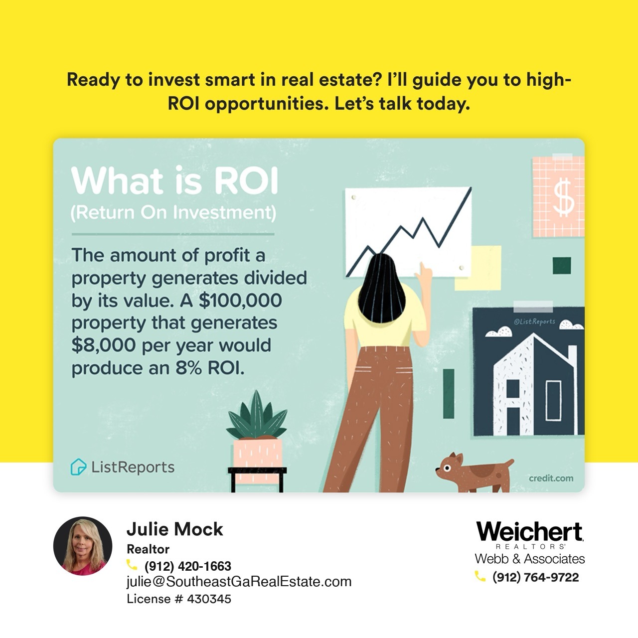 Illustration of ROI (Return on Investment) explained with a woman analyzing a graph, alongside Julie Mock&rsquo;s contact information, highlighting real estate investment opportunities in Southeast Georgia.