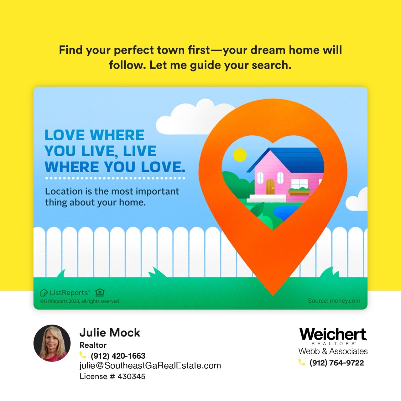 Illustration of a pink house with an orange location marker in front, highlighting the importance of finding the right town with Julie Mock, a Southeast Georgia Realtor specializing in Bryan, Bulloch, Candler, Emanuel, Effingham, Evans, Jenkins, Screven, Tattnall, and Toombs Counties.