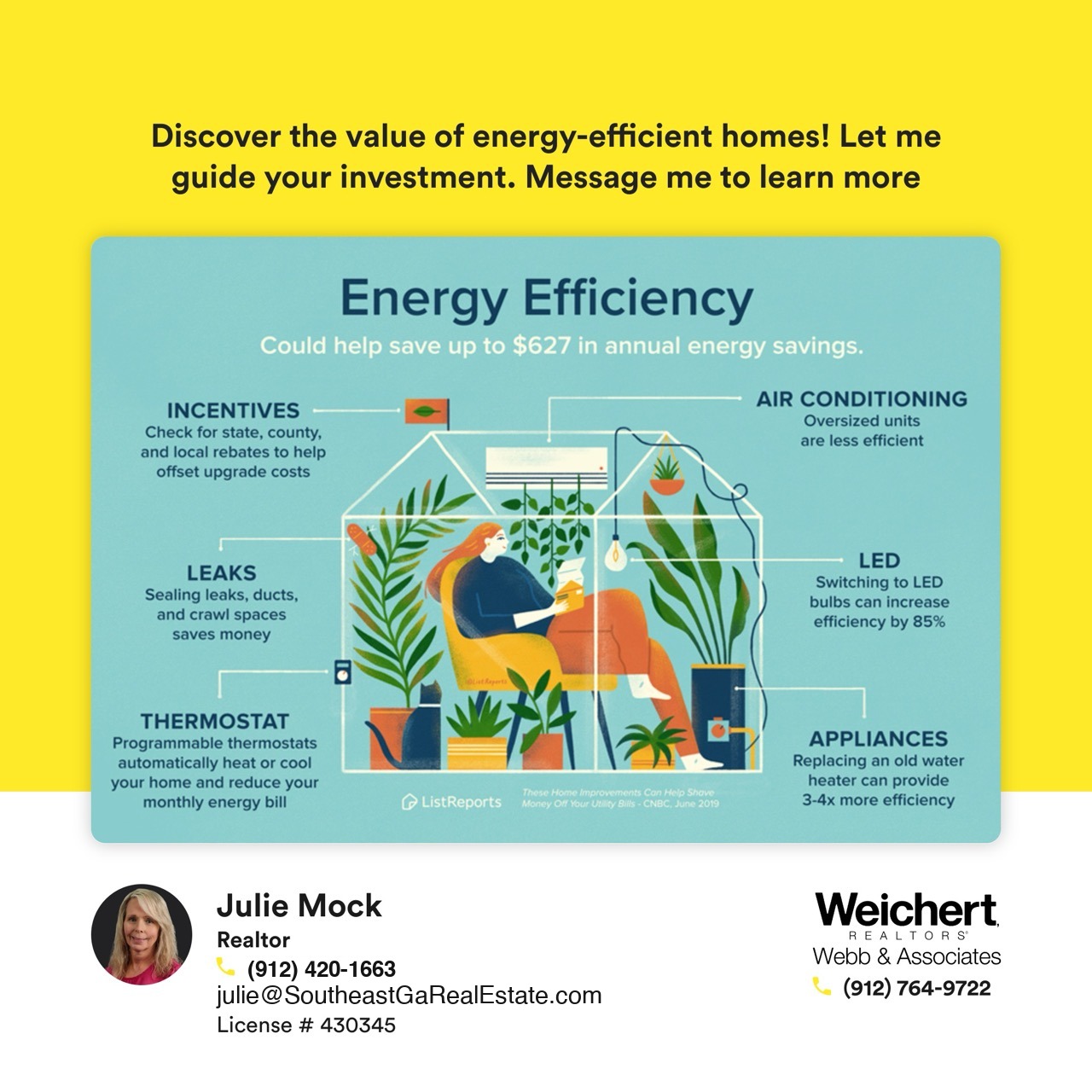 Illustration of energy-efficient home features including smart thermostat, LED lighting, efficient appliances, leak sealing, and incentives for energy upgrades, with Julie Mock&rsquo;s contact information as a Realtor with Weichert Realtors &ndash; Webb & Associates in Southeast Georgia.