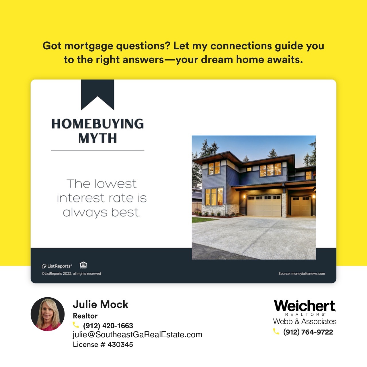 Graphic debunking the myth that the lowest interest rate is always best, featuring a modern home with text emphasizing tailored mortgage solutions for homebuyers in Southeast Georgia.