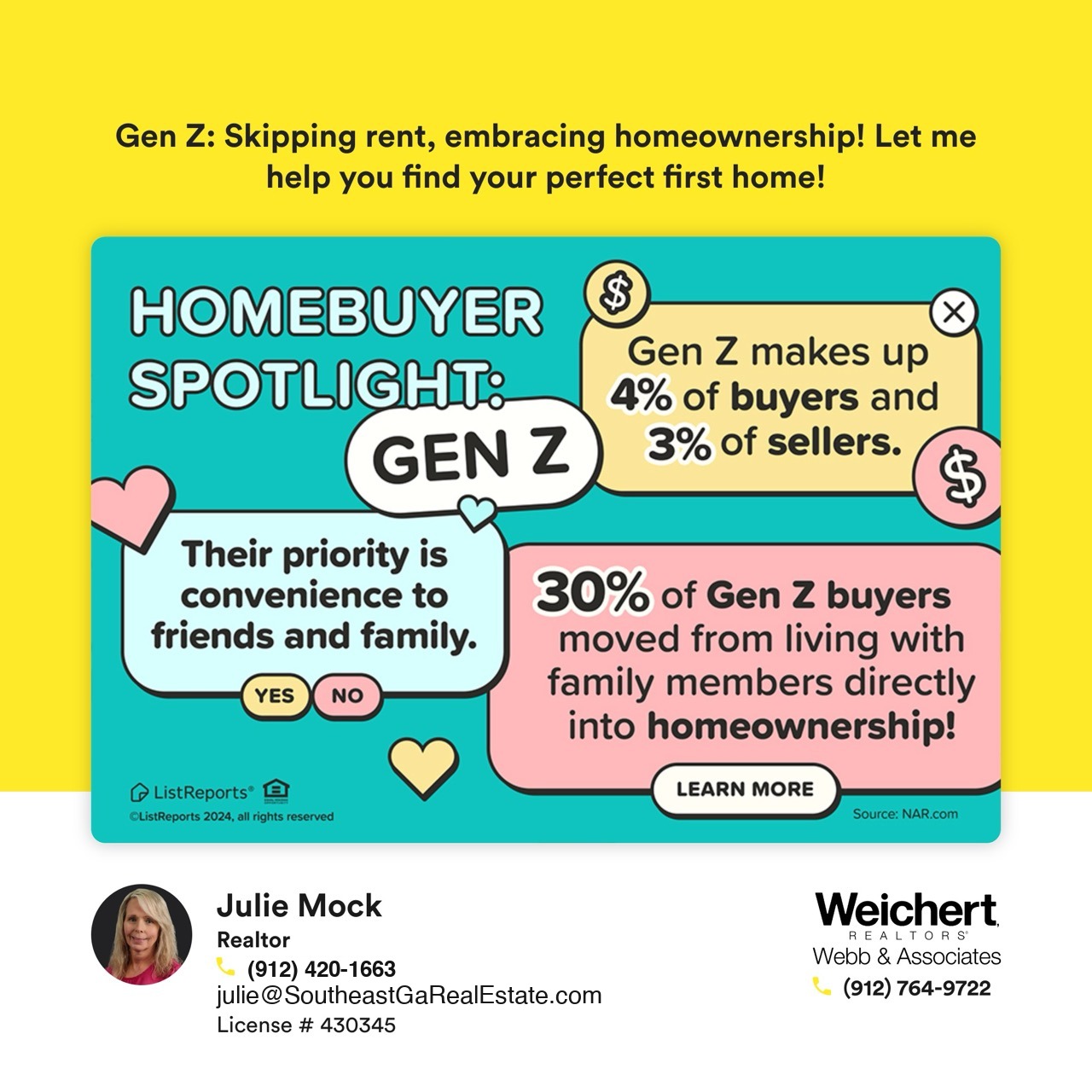 Infographic highlighting Gen Z homebuyer trends, stating that Gen Z makes up 4% of buyers, 30% move directly from family homes to homeownership, and prioritize proximity to friends and family. Includes Julie Mock&rsquo;s contact details and Weichert Realtors branding.
