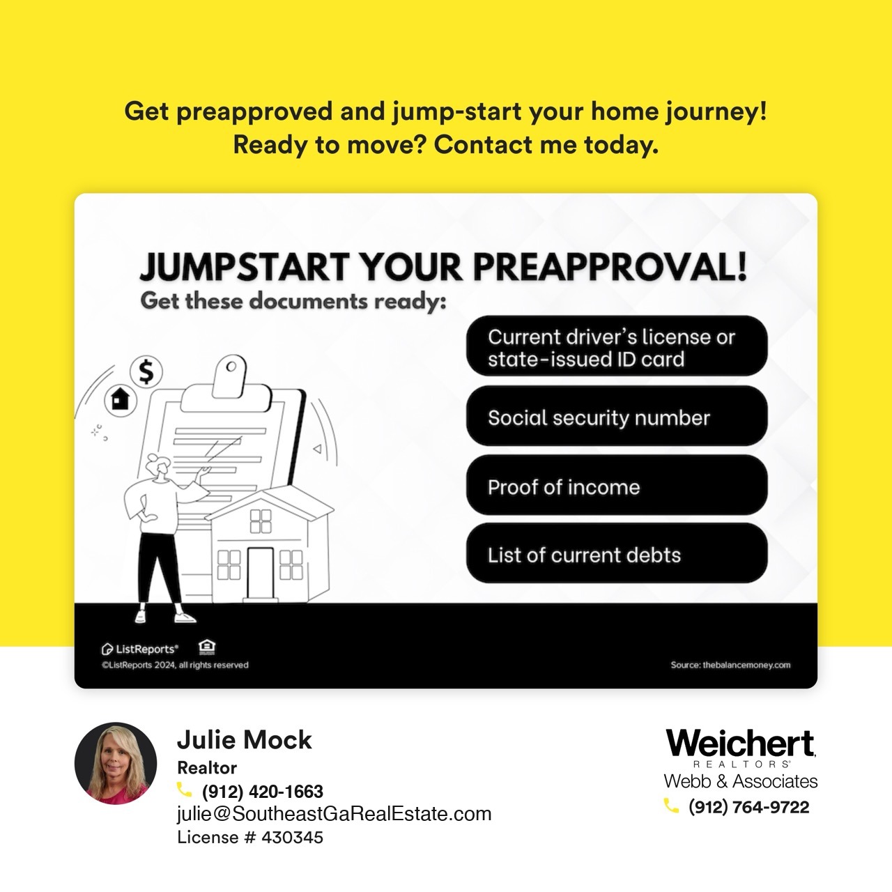 Infographic by Realtor Julie Mock showing essential documents for mortgage preapproval, including ID, social security number, proof of income, and a list of debts. Preparing these can streamline the home-buying journey in Southeast Georgia.