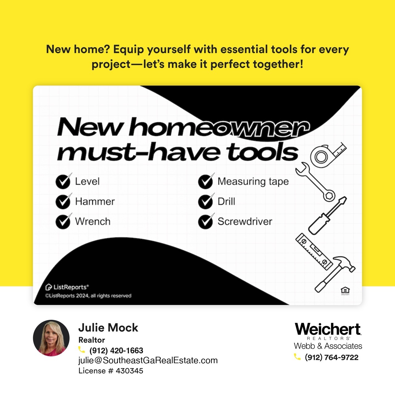 Checklist of essential homeowner tools for new residents in Southeast Georgia, featuring items like a level, hammer, wrench, measuring tape, drill, and screwdriver. Contact information for Julie Mock, Realtor at Weichert Realtors - Webb & Associates in Statesboro, GA.