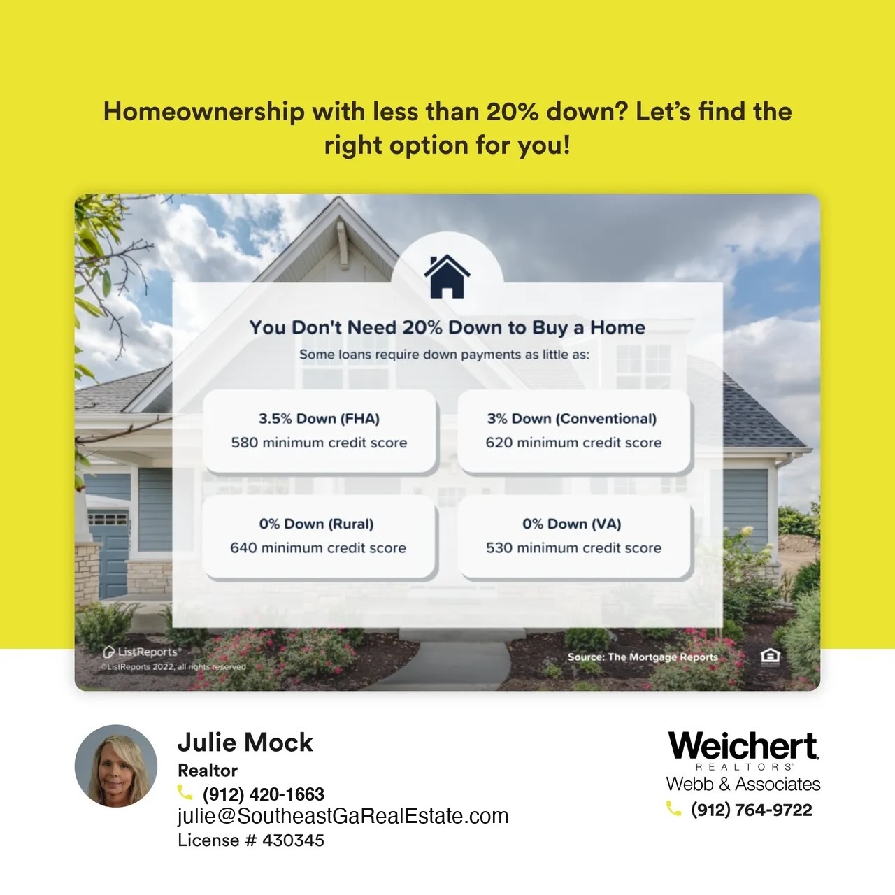 A graphic titled "You Don't Need 20% Down to Buy a Home" that showcases different loan options with lower down payment requirements. It includes FHA loans with 3.5% down, conventional loans with 3% down, USDA rural loans with 0% down, and VA loans with 0% down. Each option lists the minimum credit score required. The background features a modern house with blue skies, and Julie Mock&rsquo;s contact information as a Realtor at Weichert Realtors &ndash; Webb & Associates is displayed at the bottom.