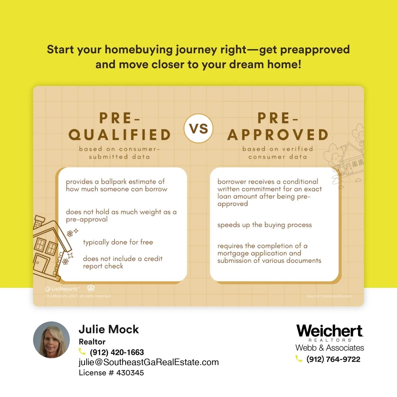 A comparison graphic highlighting the differences between pre-qualification and pre-approval in the mortgage process. On the left, "Pre-Qualified" includes features like a general borrowing estimate, often free, and no credit check. On the right, "Pre-Approved" outlines a more specific loan commitment, requires a credit check, speeds up the buying process, and involves submitting various documents. Julie Mock, Realtor at Weichert Realtors &ndash; Webb & Associates, is featured at the bottom with her contact information.